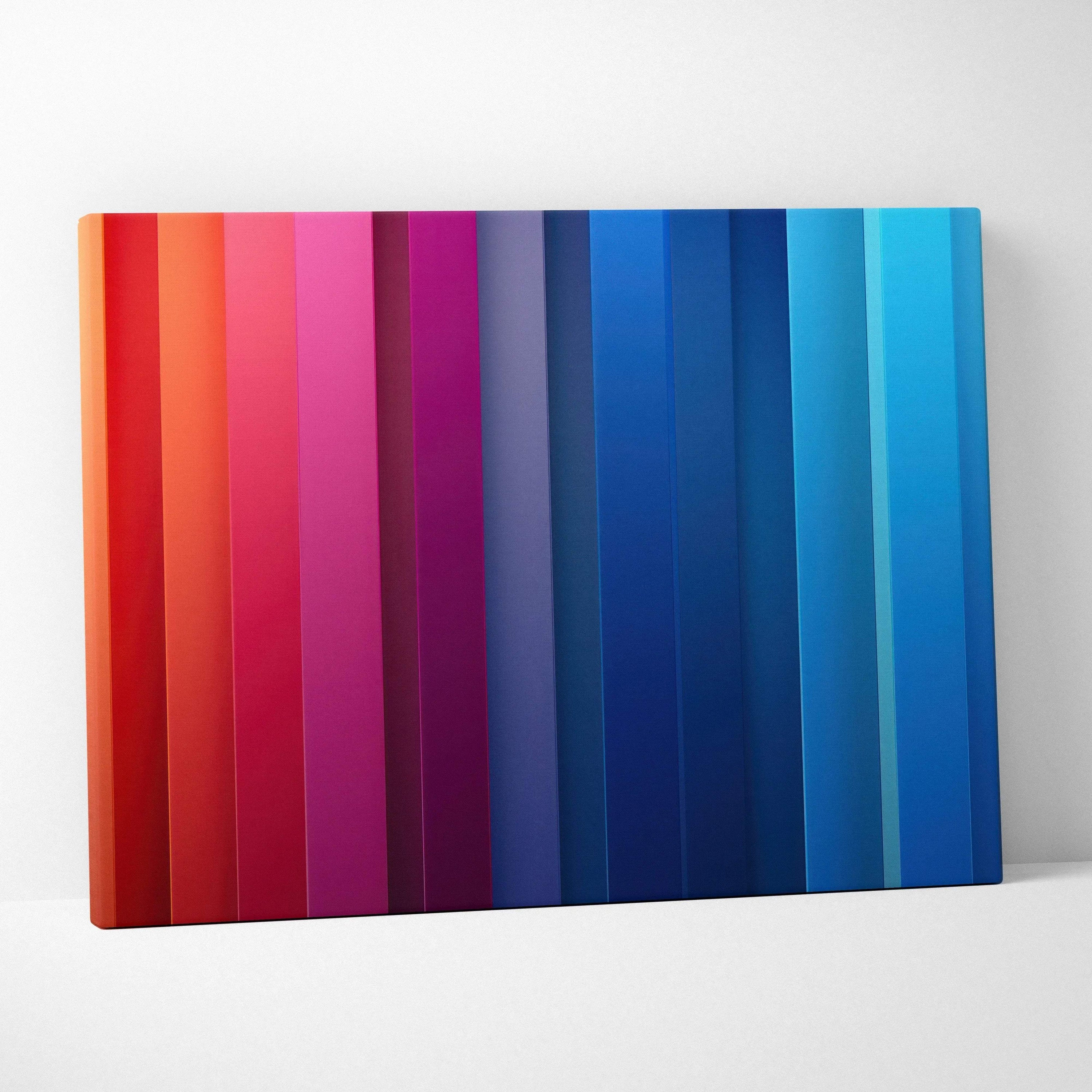 Modern abstract digital canvas art featuring vertical stripes in shades of red, pink, purple, and blue, vibrant wall art.