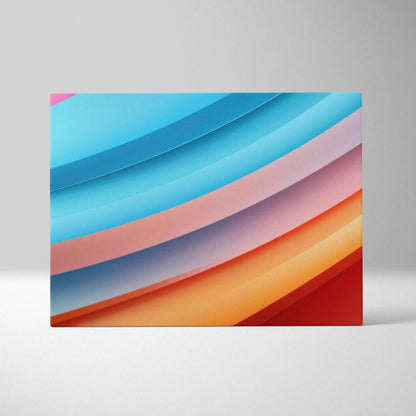 Abstract digital canvas art with layered curved bands in blue, pink, orange, and red tones on wall art canvas.