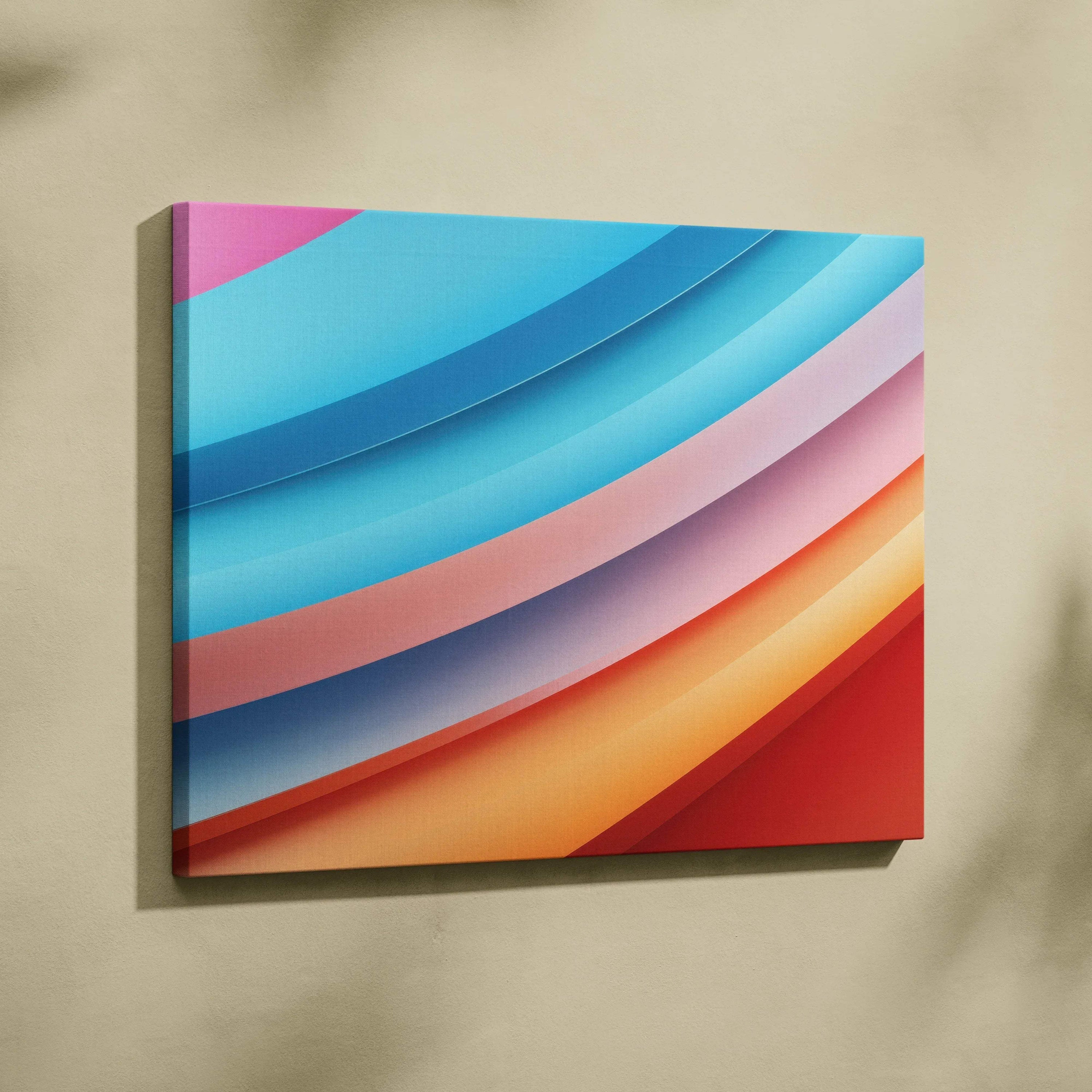 Vibrant abstract canvas art with curved stripes in blue, pink, orange, and red tones wall art print.