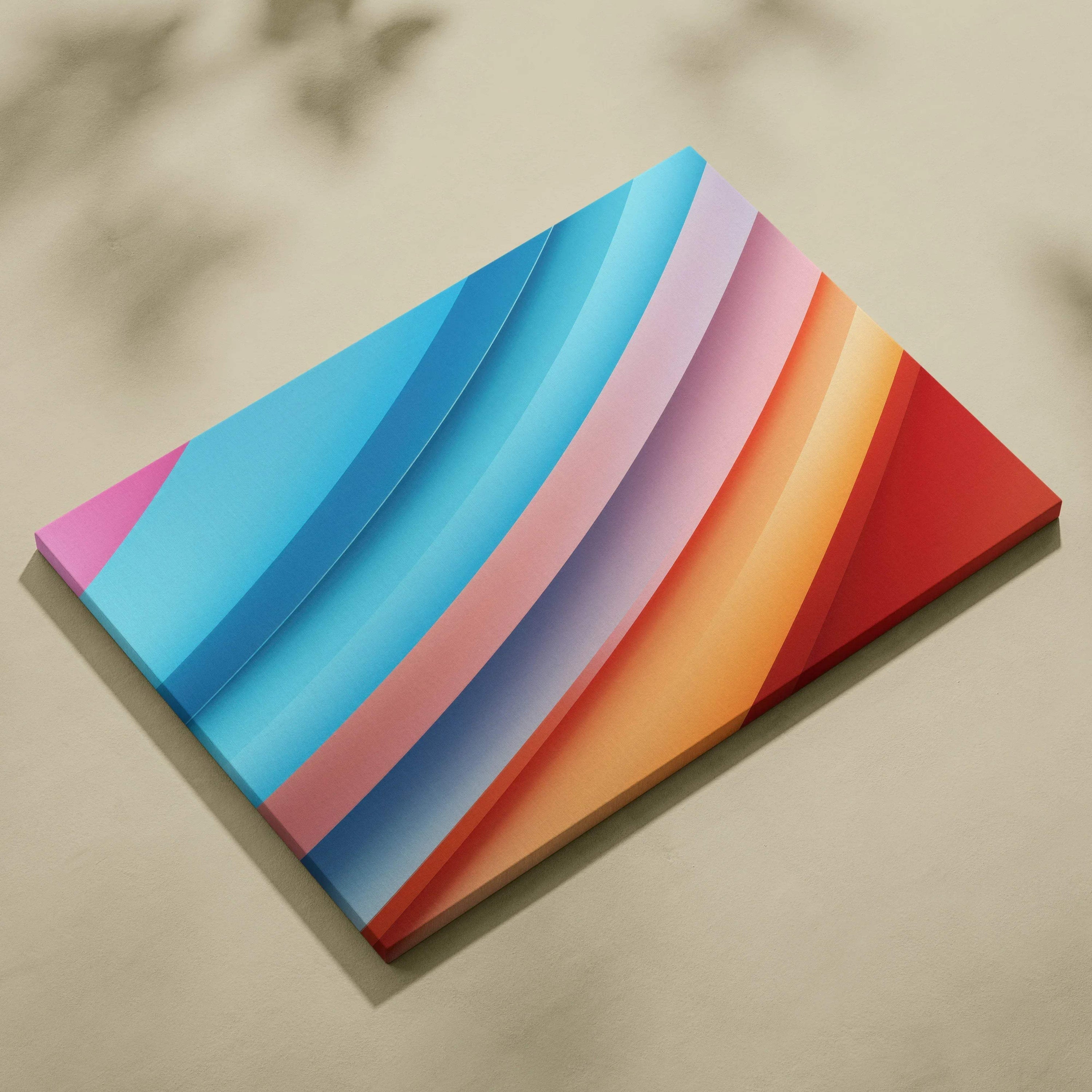 Abstract digital canvas art with vibrant curved bands in blue, pink, orange, and red tones on wall art canvas.
