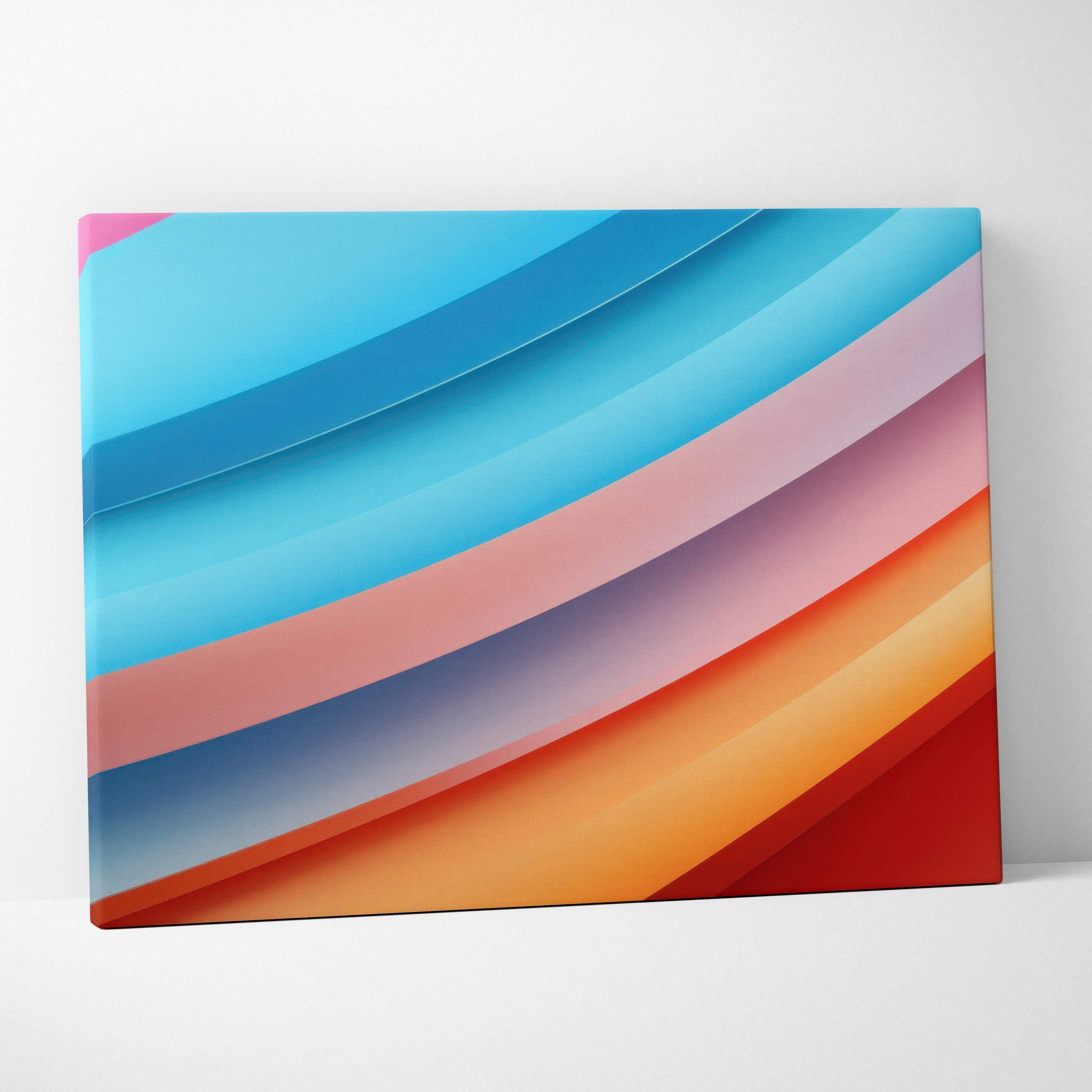 Abstract digital canvas art with layered curved bands in blue, pink, orange, and red tones.