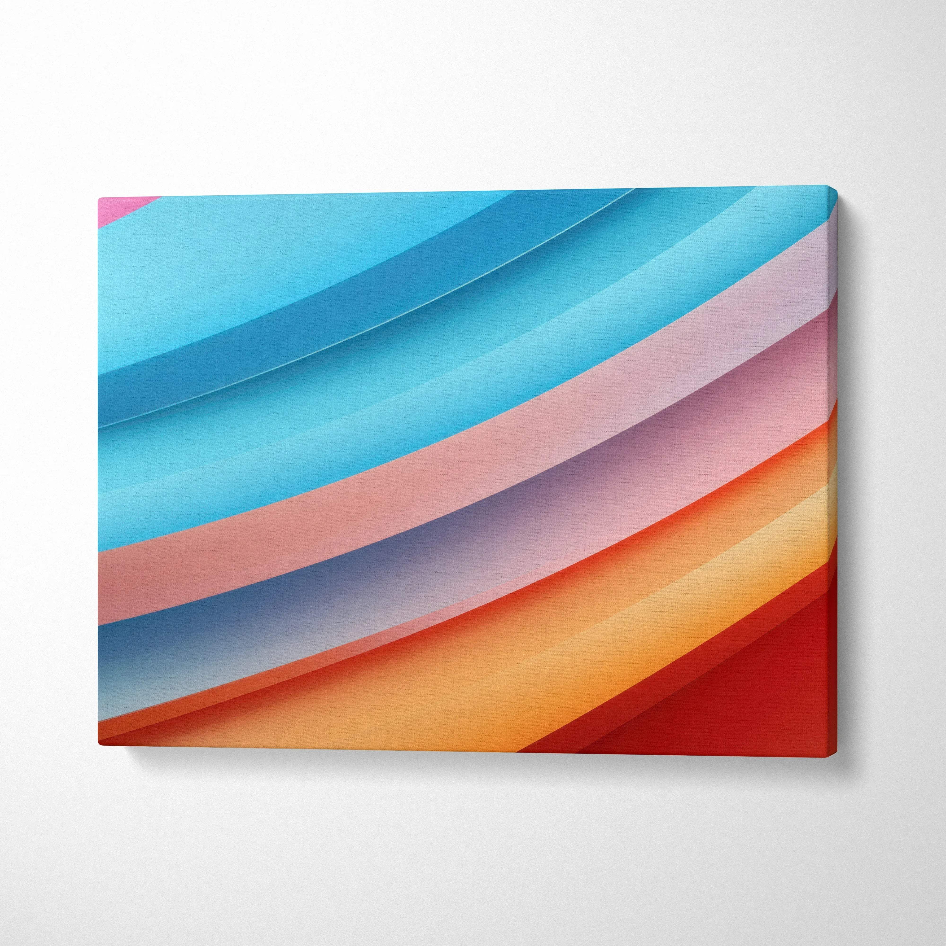 Vibrant abstract digital canvas art with layered blue, pink, orange, and red curved shapes on wall art canvas.