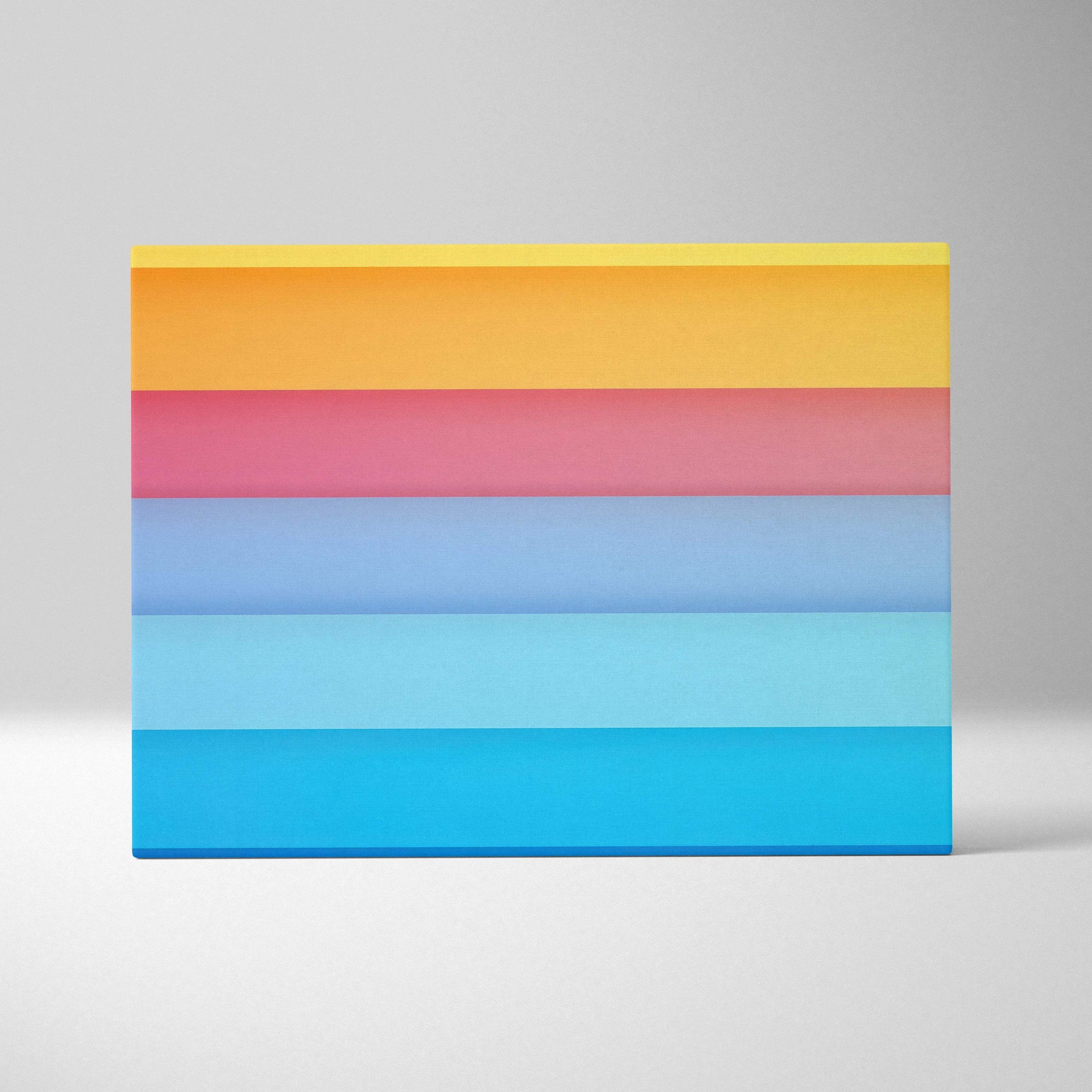 Abstract canvas art with horizontal color bands in shades of yellow, pink, and blue, vibrant digital print.