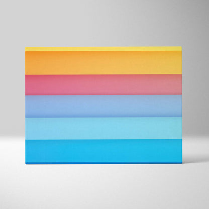 Abstract canvas art with horizontal color bands in shades of yellow, pink, and blue, vibrant digital print.