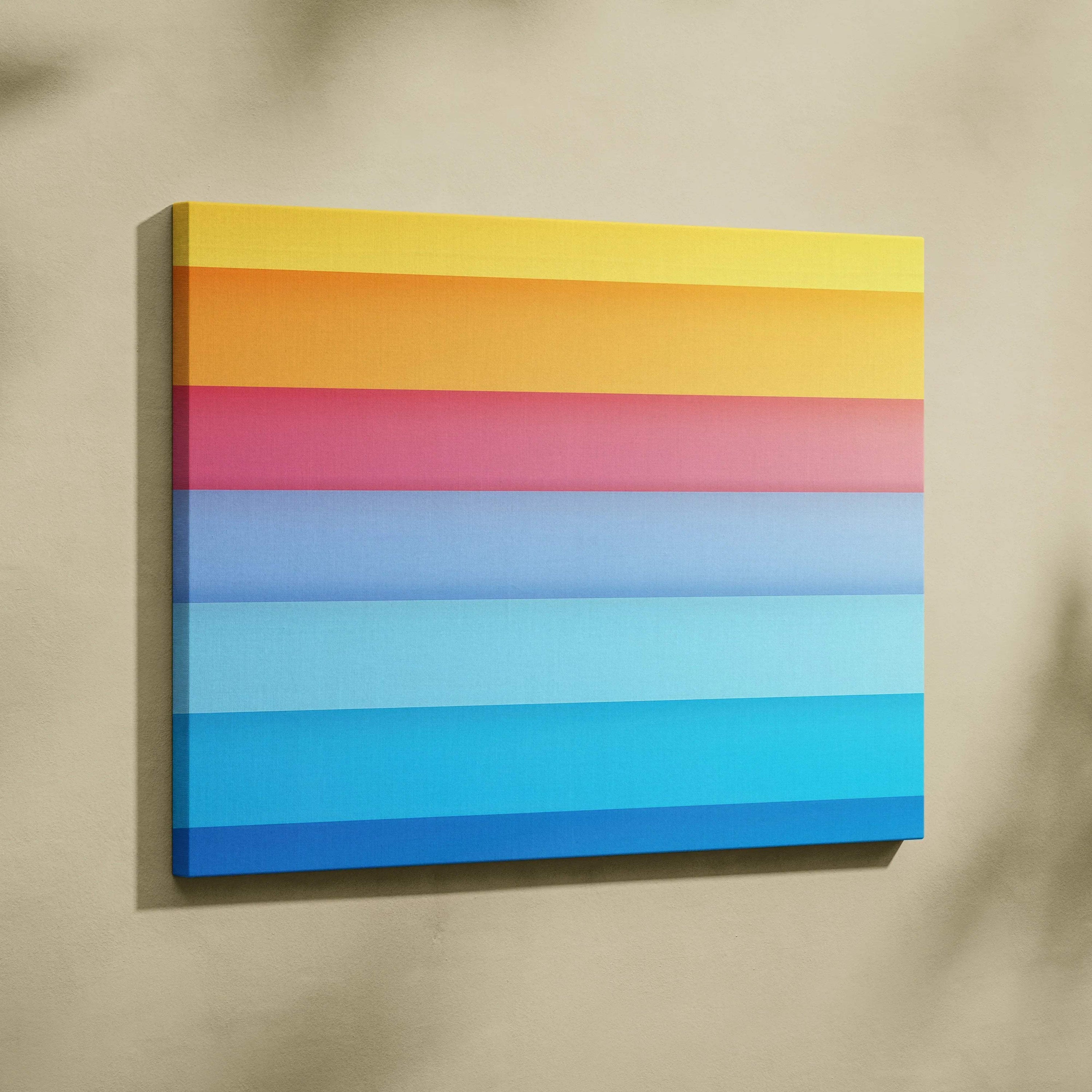 Abstract horizontal canvas art with bold gradient stripes in yellow, orange, pink, and shades of blue wall art.