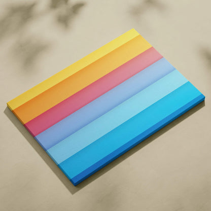 Abstract digital art canvas with horizontal stripes in yellow, orange, red, purple, light blue, and blue tones.