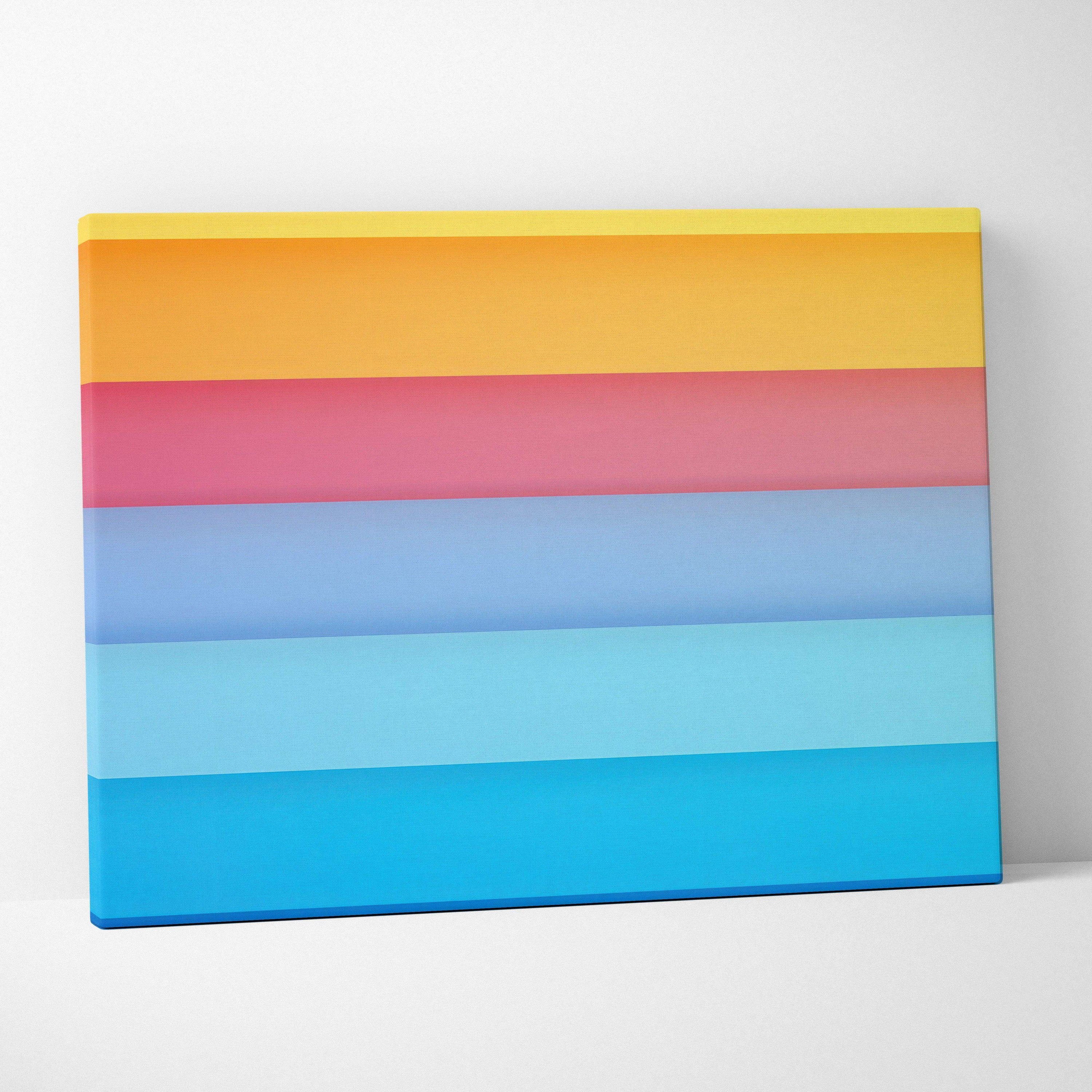 Abstract canvas art with horizontal stripes in yellow, pink, light blue, and blue tones, vibrant digital print.