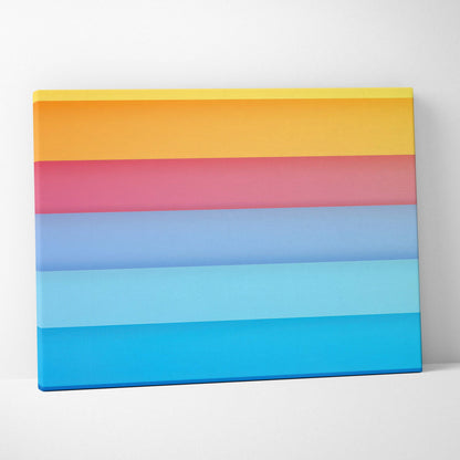 Abstract canvas art with horizontal stripes in yellow, pink, light blue, and blue tones, vibrant digital print.