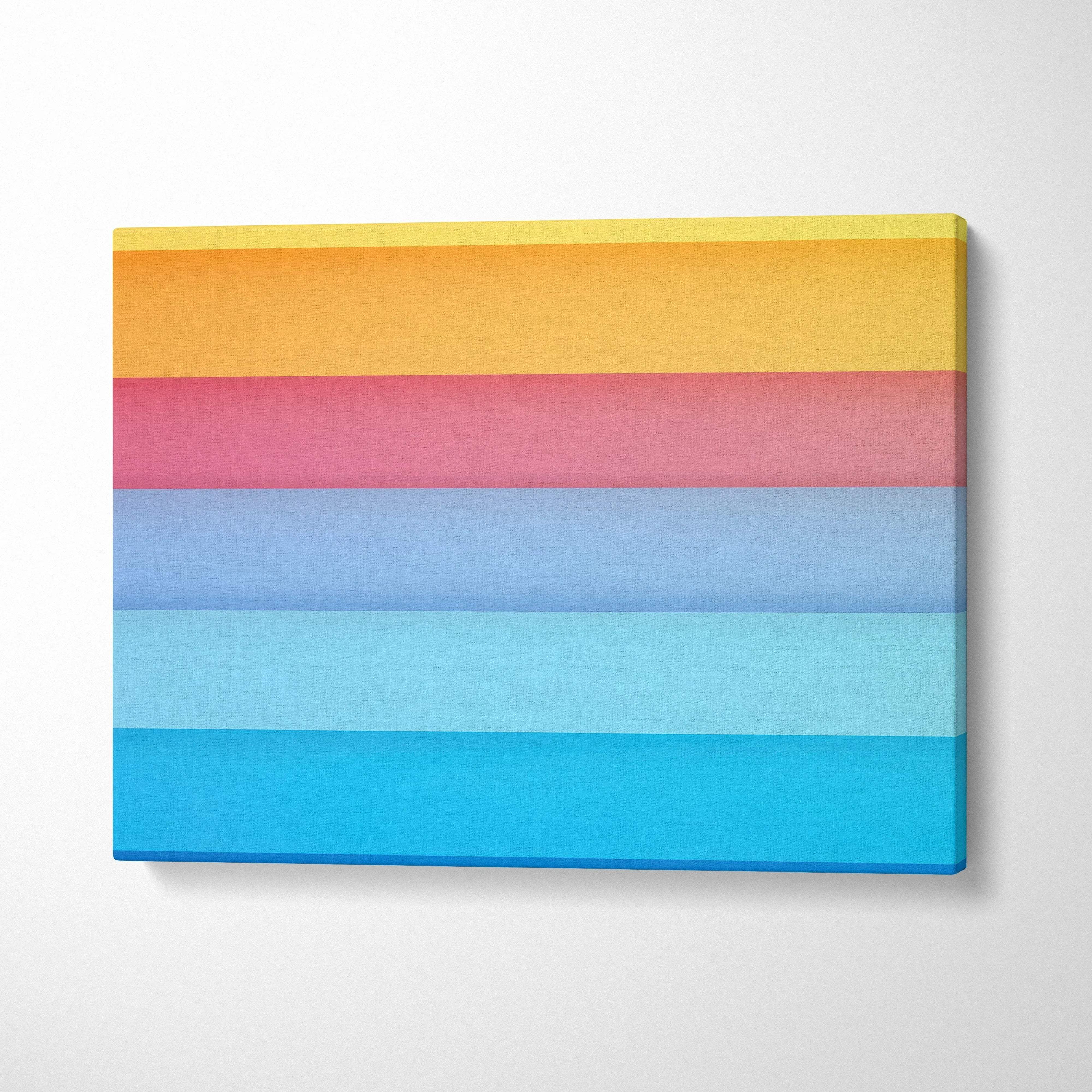 Abstract horizontal canvas wall art with layered yellow, pink, and blue color bands.