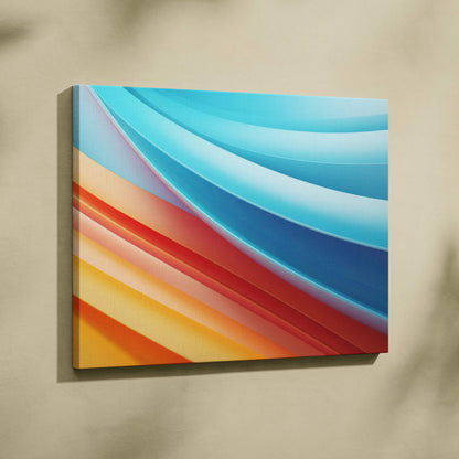 Vibrant abstract digital art canvas with curved bands of blue, red, and orange tones, modern wall art.