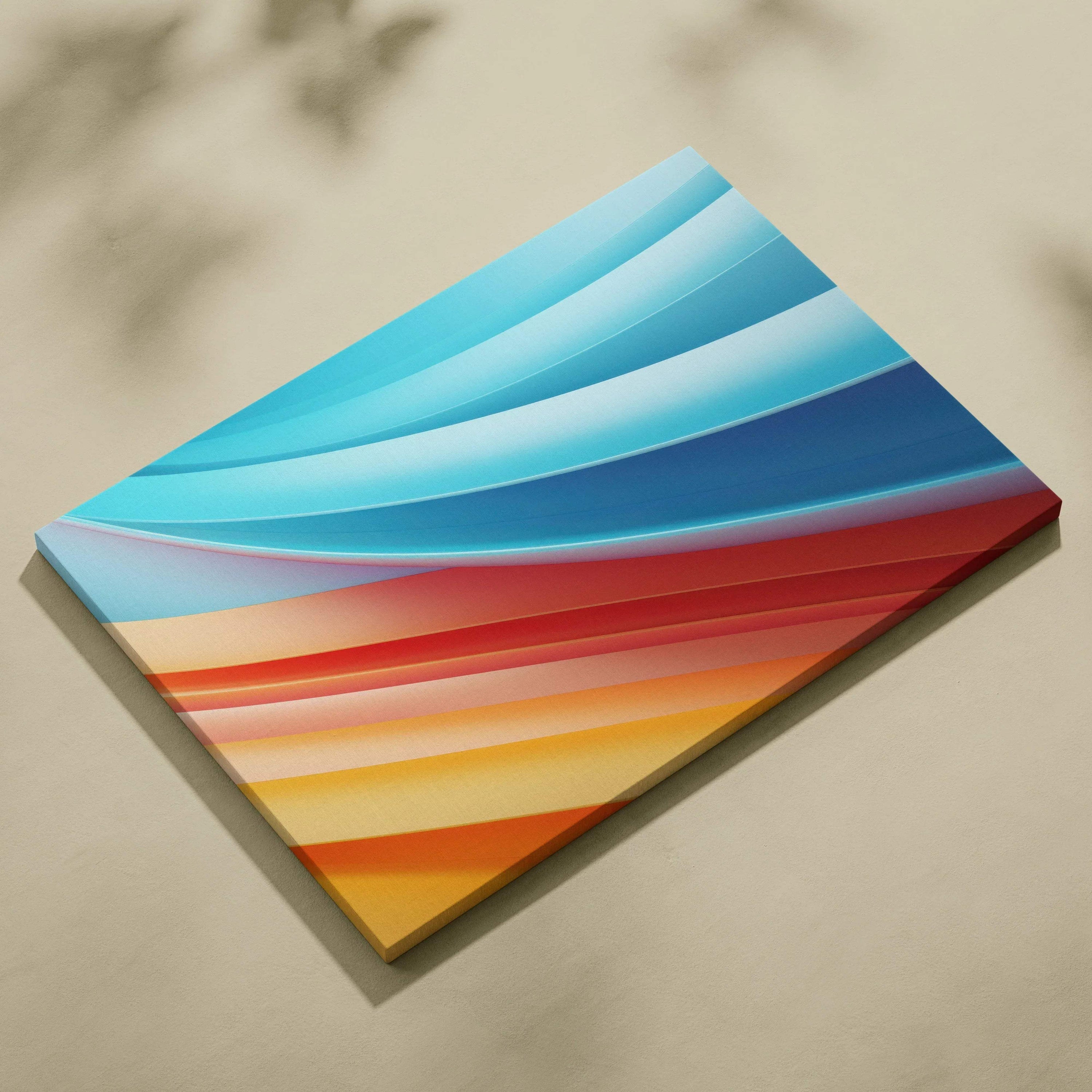 Canvas art with layered vibrant abstract waves in blue, red, orange, and yellow tones.