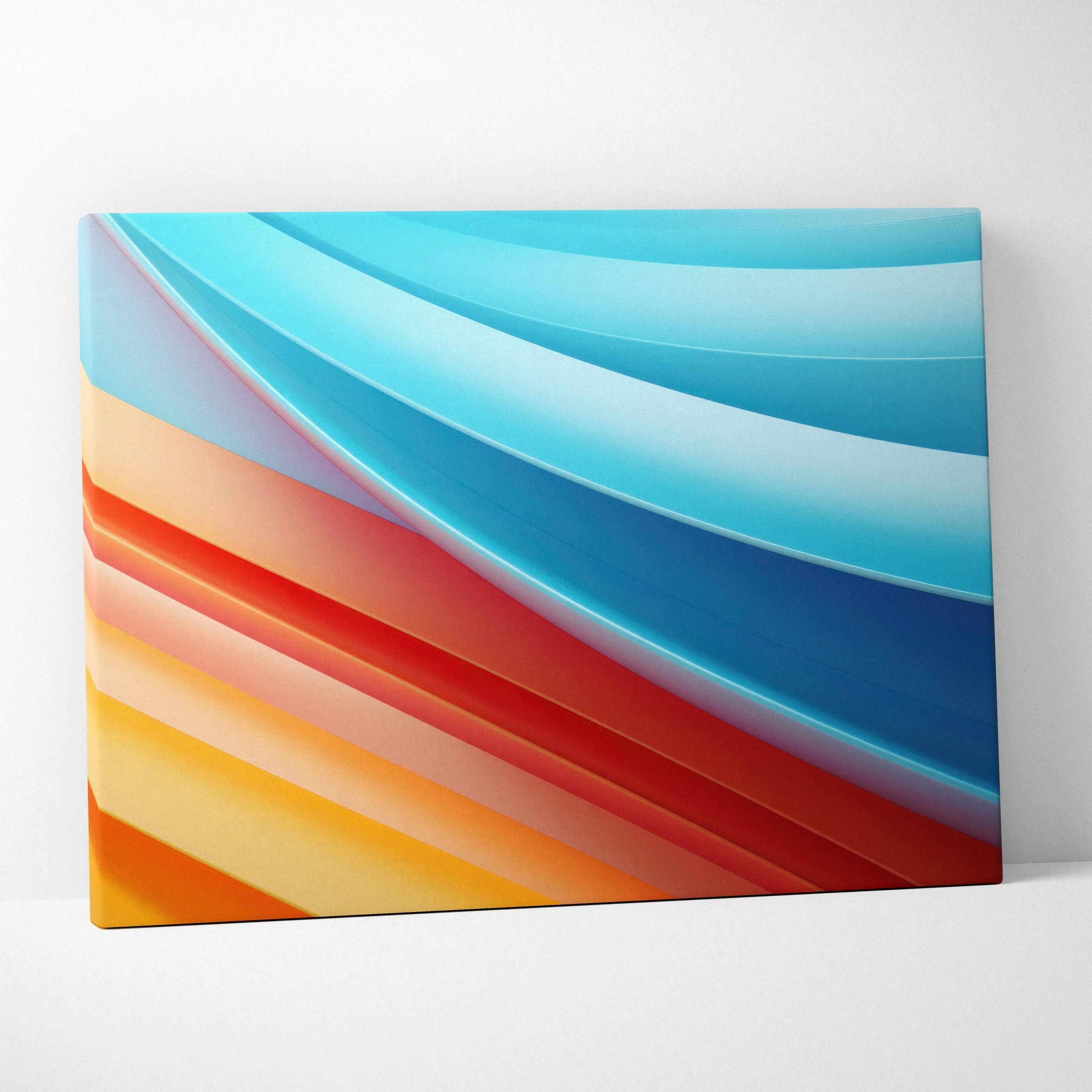 Colorful abstract canvas art with overlapping curved stripes in blue, orange, and red tones.