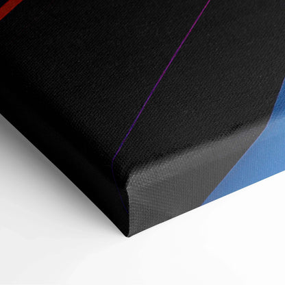 Black canvas art with a diagonal thin purple line and a blue geometric shape on the edge.