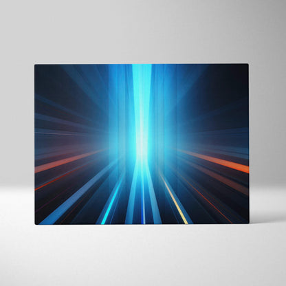 Abstract canvas art with vibrant blue and orange light streaks creating a dynamic digital design.