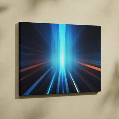 Abstract canvas art with vibrant blue and orange light streaks radiating from a central vertical glow.