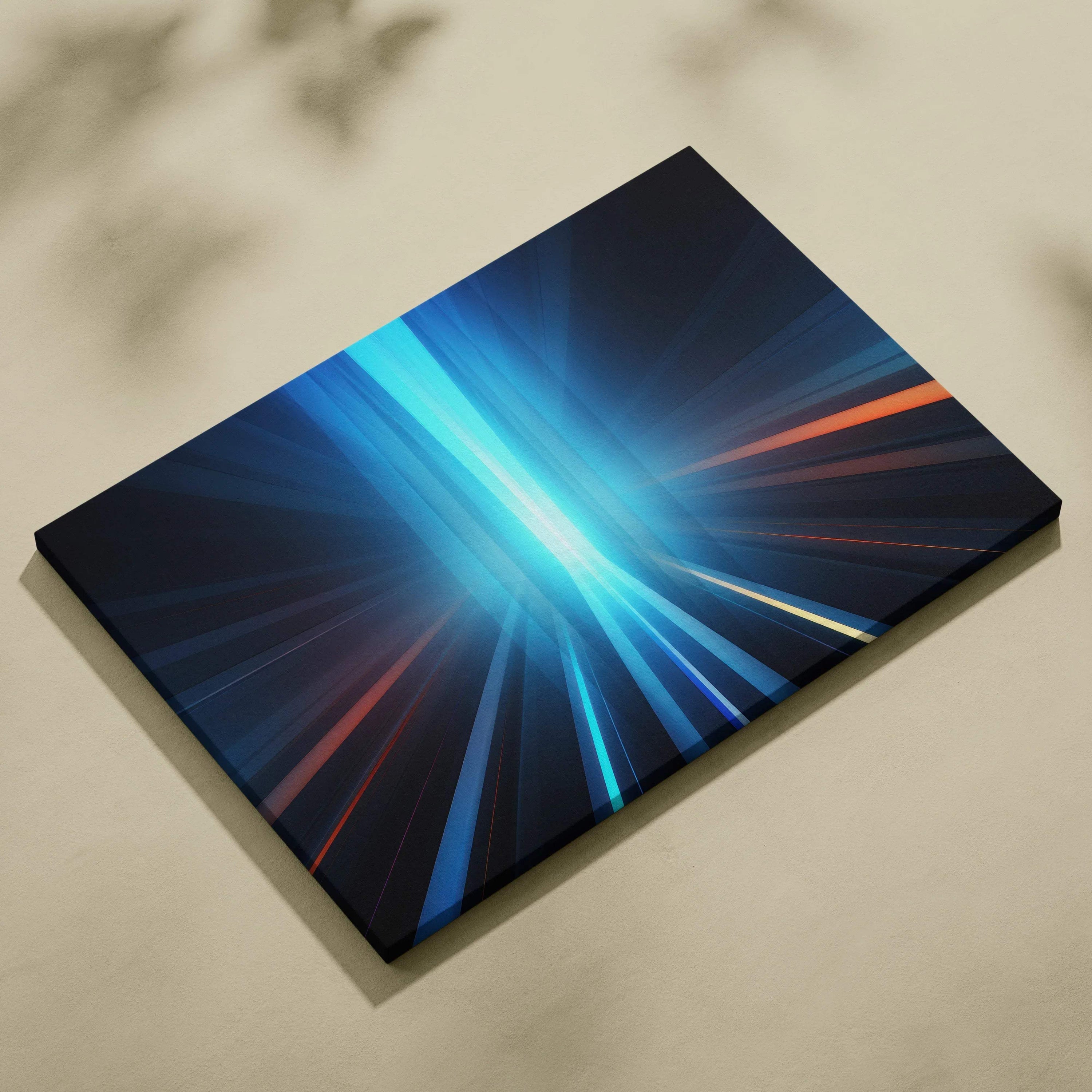 Abstract canvas art with dynamic blue and orange light streaks on a dark background.