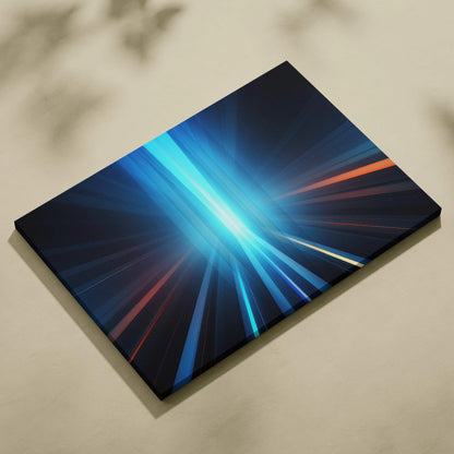 Abstract canvas art with dynamic blue and orange light streaks on a dark background.