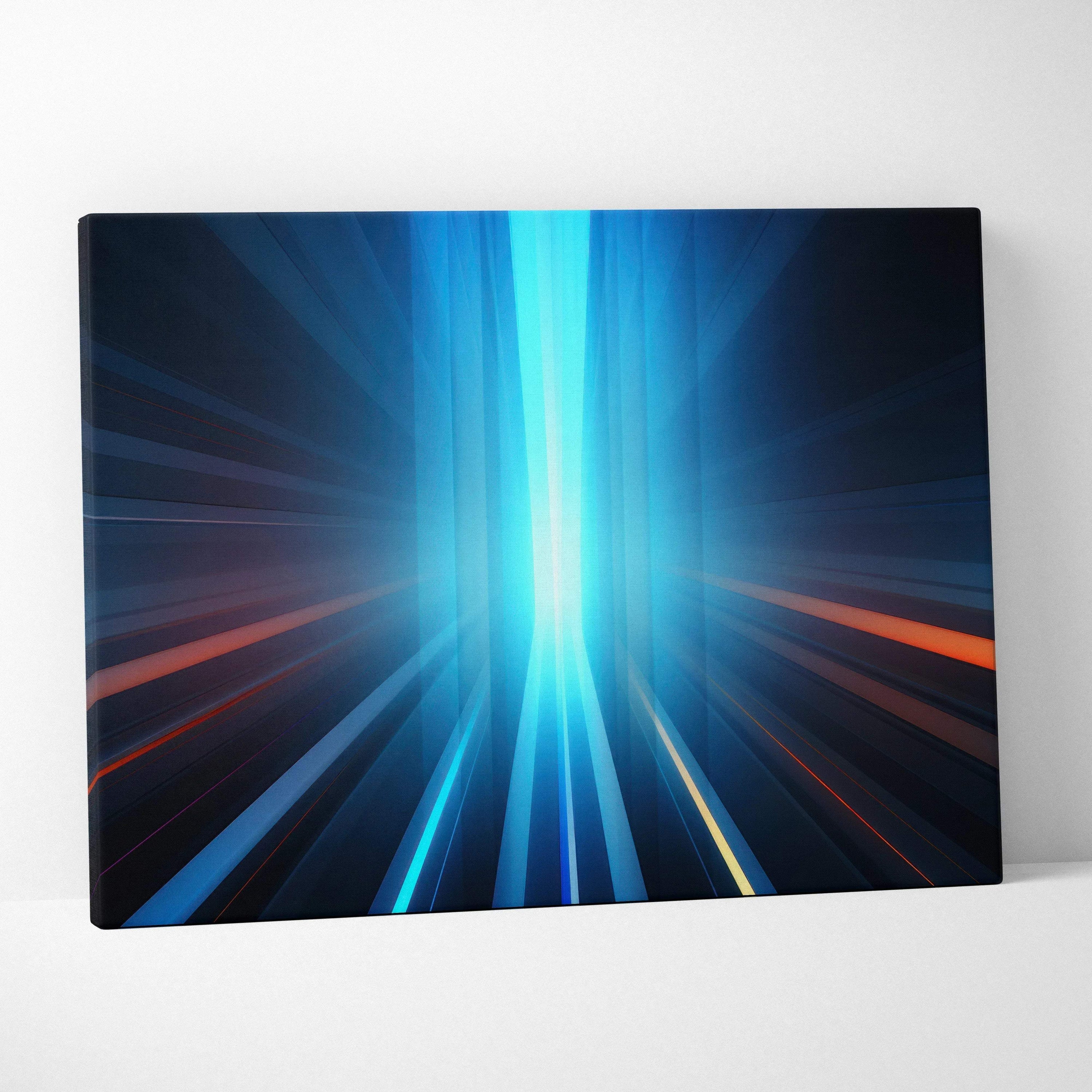 Abstract canvas wall art featuring vibrant vertical and diagonal blue light streaks with accents of red and yellow on a dark