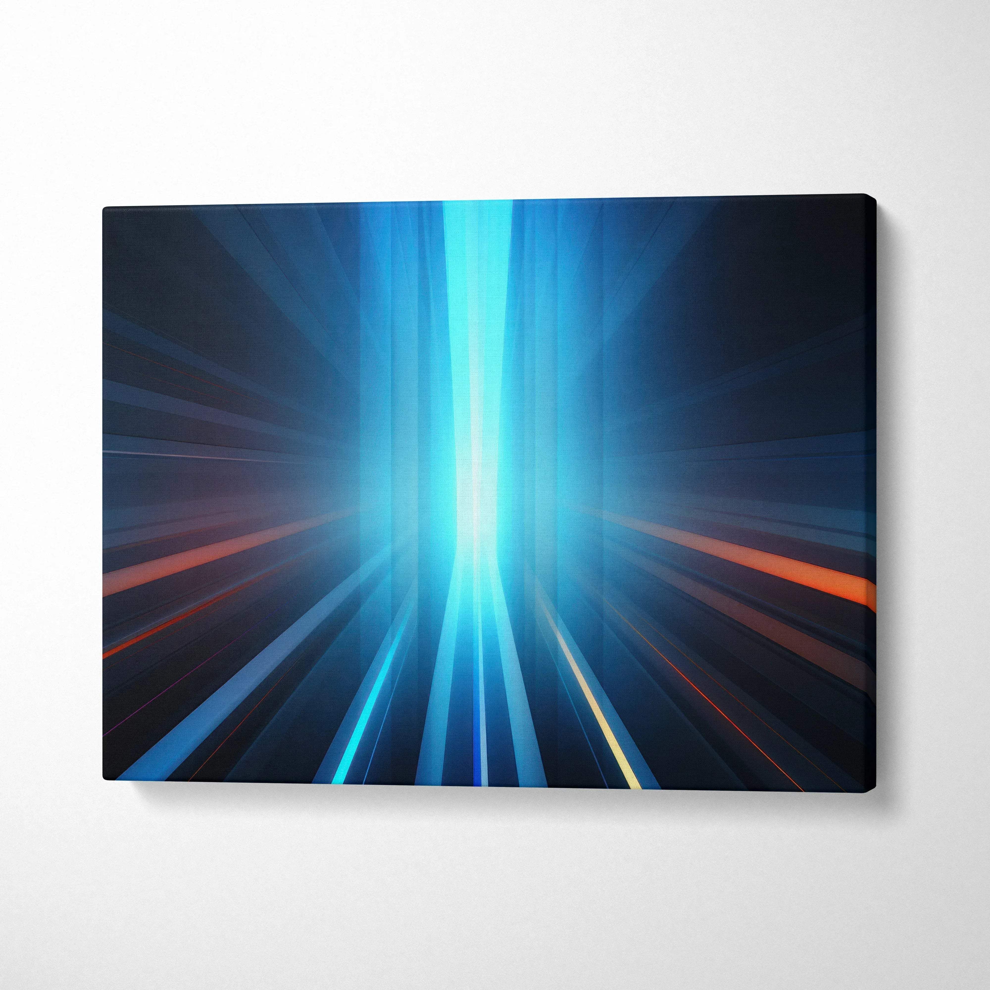Abstract blue and orange light streaks on black background canvas wall art, modern digital art design.