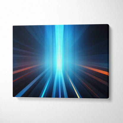 Abstract blue and orange light streaks on black background canvas wall art, modern digital art design.