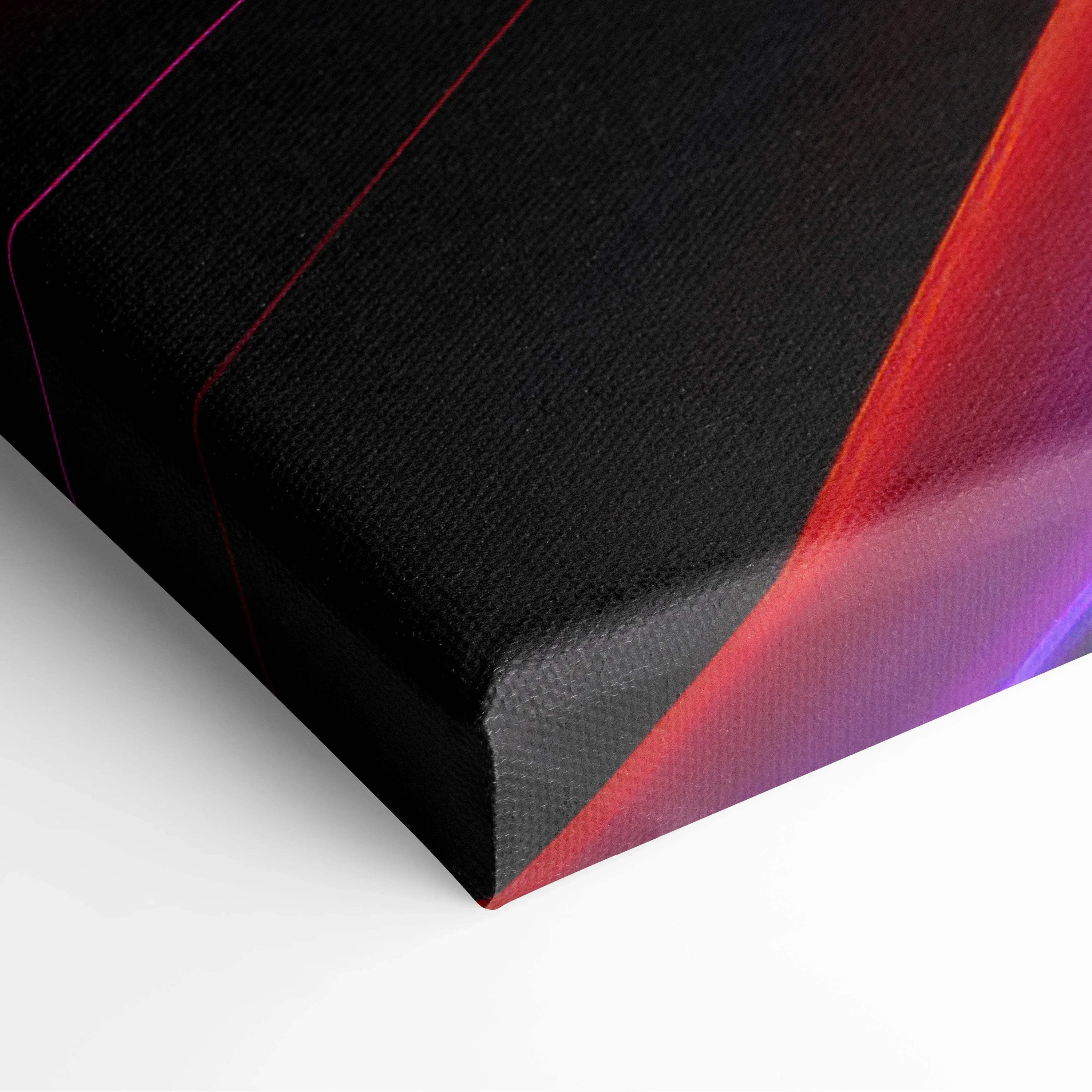 Abstract vibrant digital art on black canvas fabric with red and purple gradient accents, stretched on frame wall art canvas.