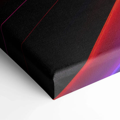Abstract vibrant digital art on black canvas fabric with red and purple gradient accents, stretched on frame wall art canvas.