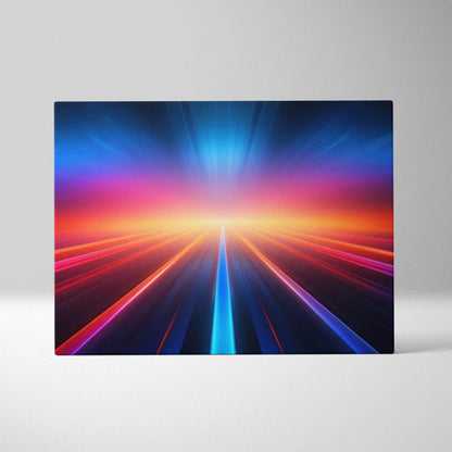 Colorful abstract digital canvas art featuring radiant blue, pink, and orange light streaks forming a vibrant horizon effect.