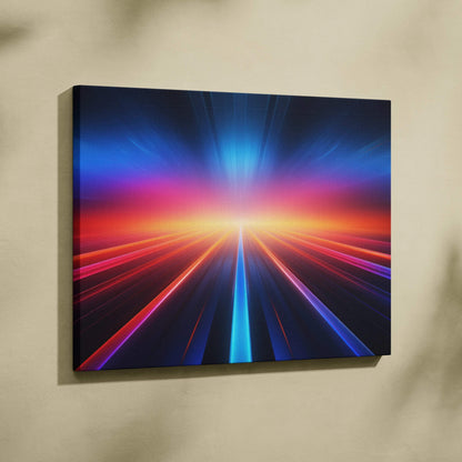 Vibrant abstract digital canvas art with radiant blue, red, and orange light streaks on wall art canvas.