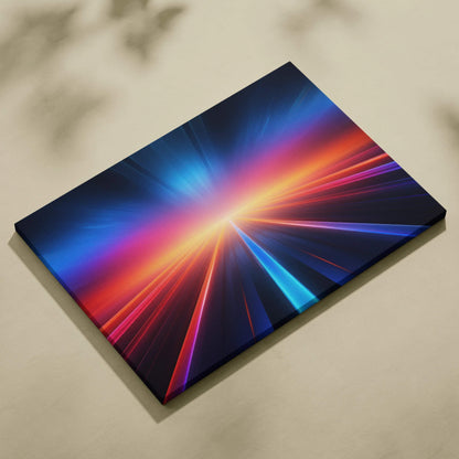 Rectangular canvas art with vibrant abstract digital rays in blue, purple, red, and orange tones against a dark background.