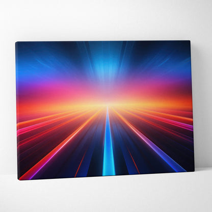 Vibrant abstract digital canvas art with radiant lines in blue, purple, red, and orange converging toward a bright center.