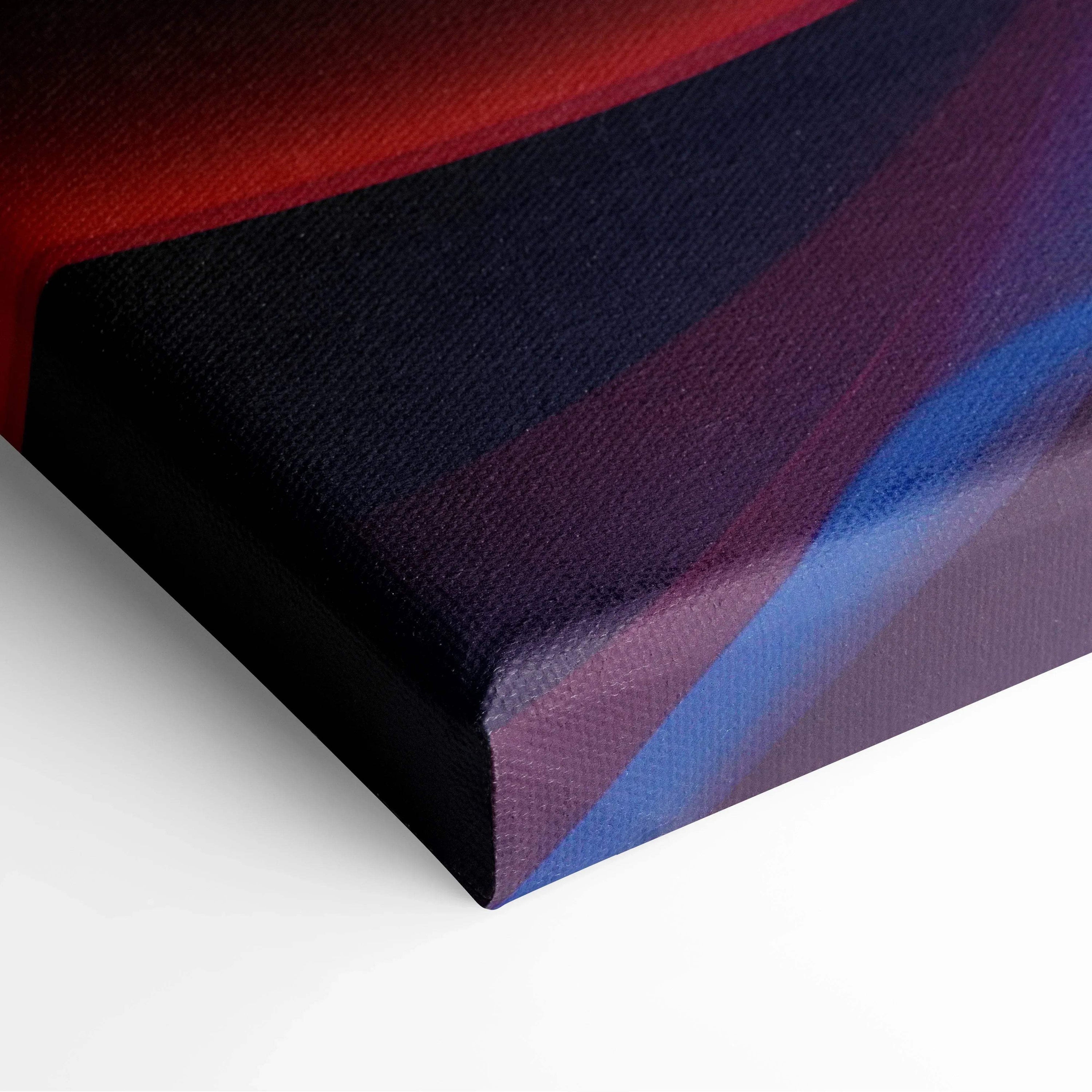 Canvas wall art with deep red, dark purple, and blue abstract digital brushstrokes on textured canvas.
