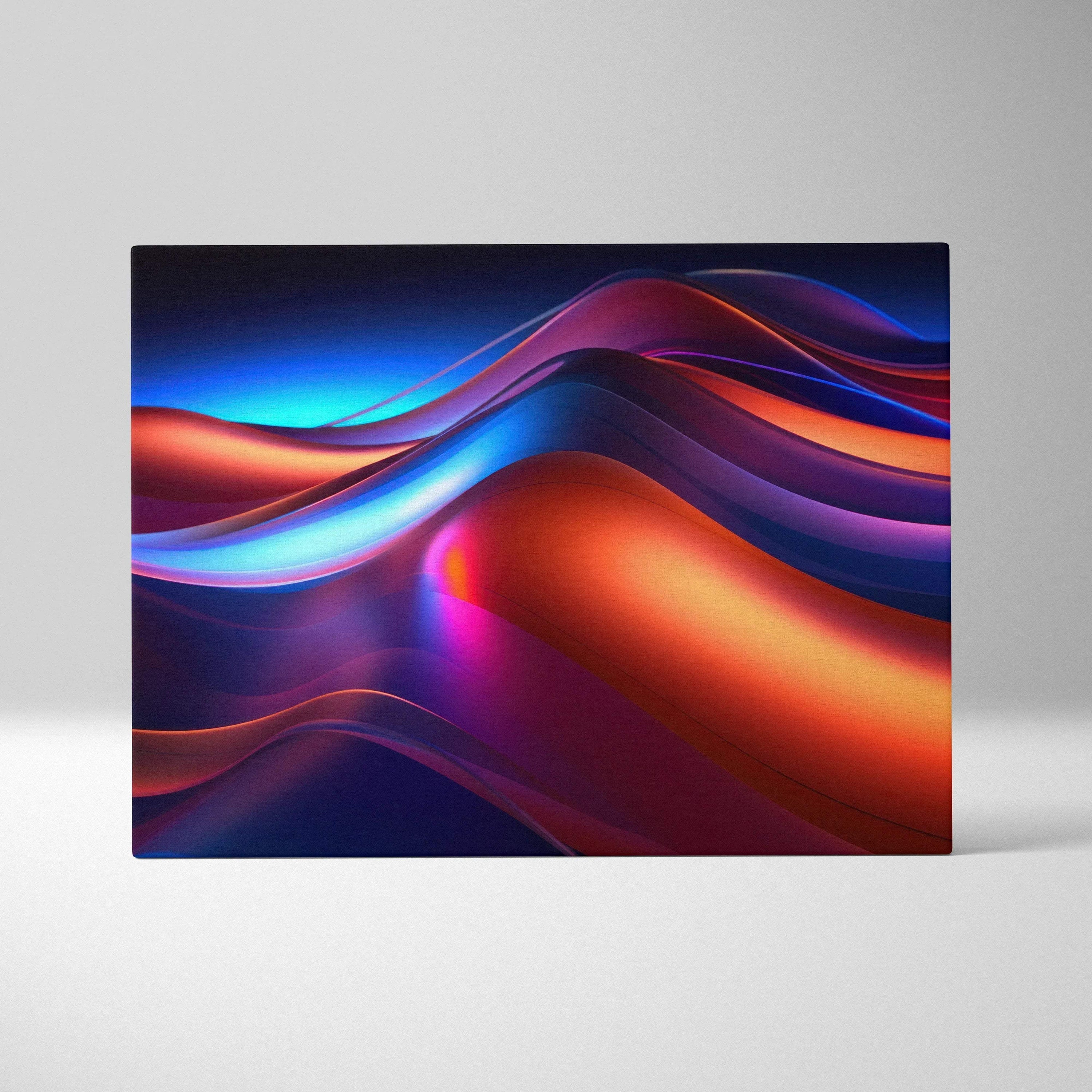 Abstract digital canvas art featuring flowing waves in blue, purple, and vibrant orange tones.