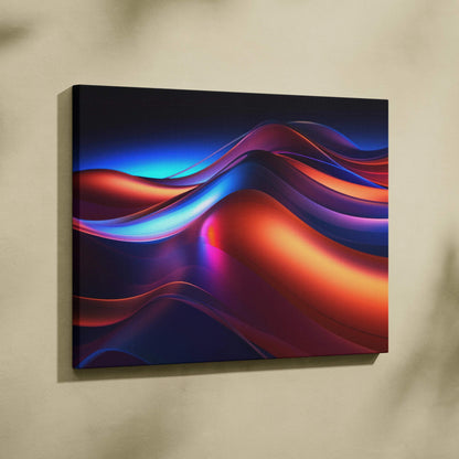 Abstract modern digital art canvas wall art with vibrant flowing red, blue, and purple waves.
