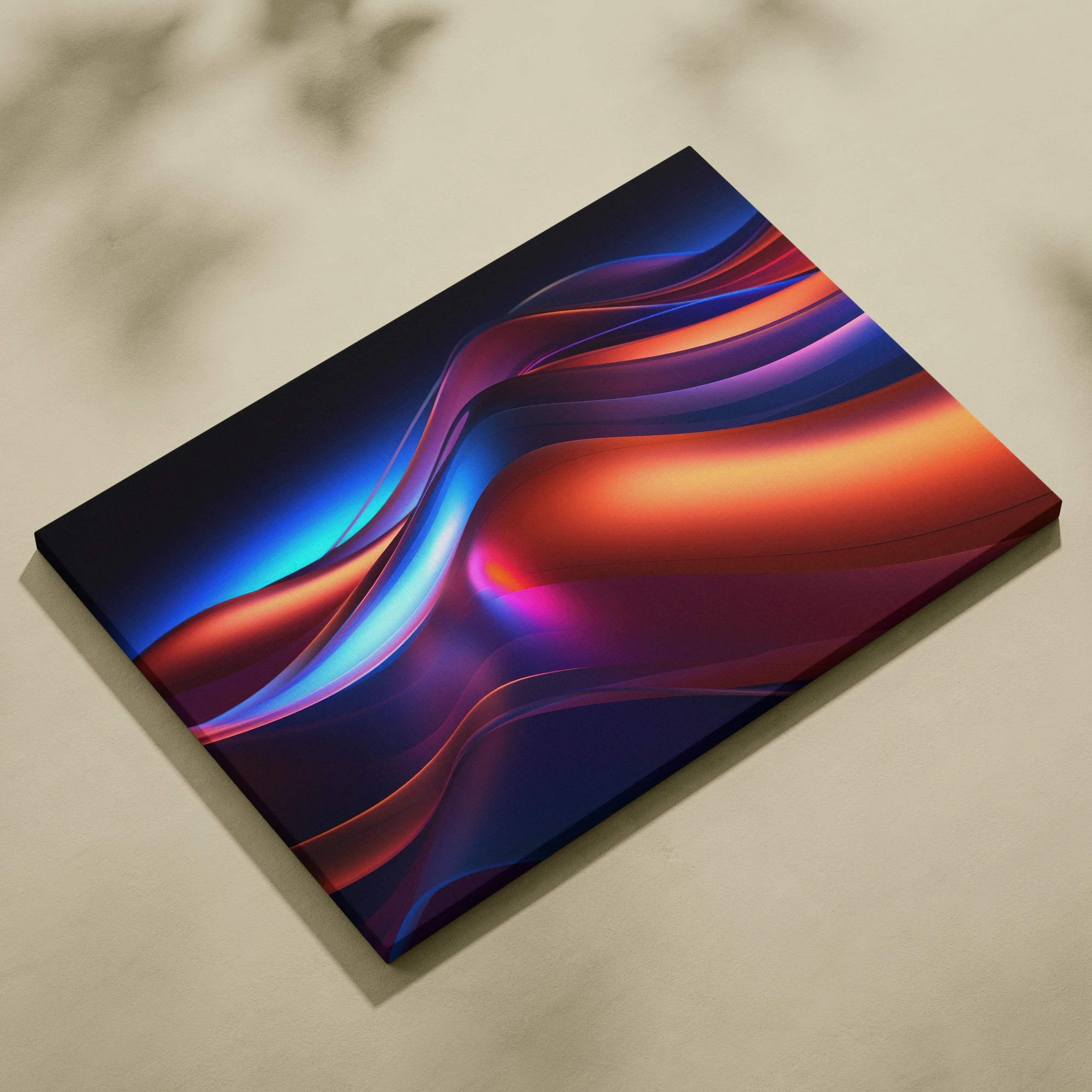 Modern abstract canvas wall art with flowing red, blue, and purple digital waves on black background.