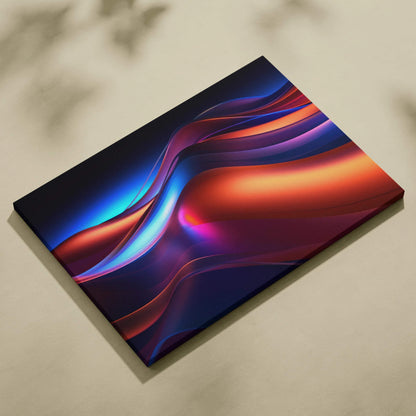 Modern abstract canvas wall art with flowing red, blue, and purple digital waves on black background.
