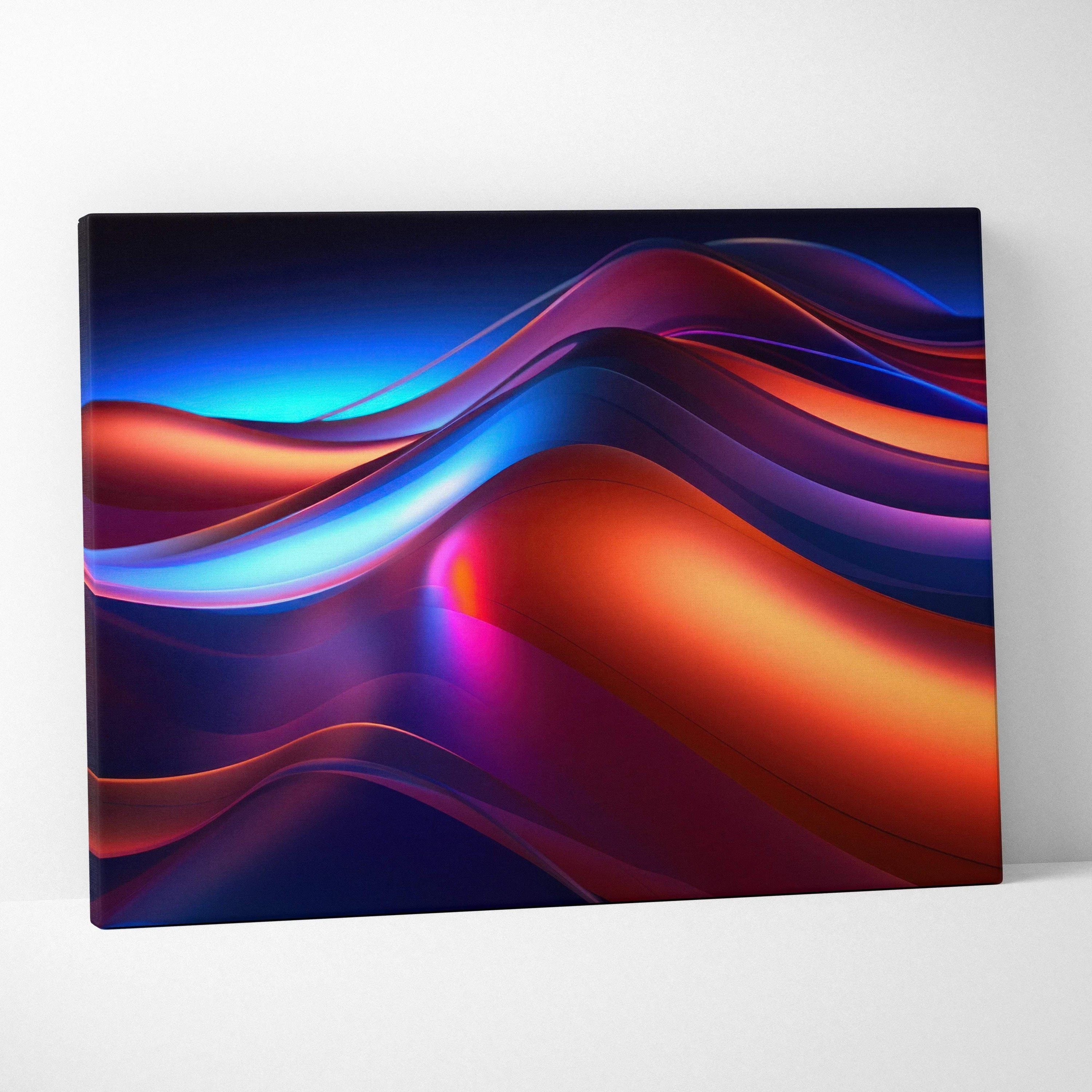 Abstract digital canvas art featuring flowing wave shapes in vibrant blue, purple, and orange tones on a black background.