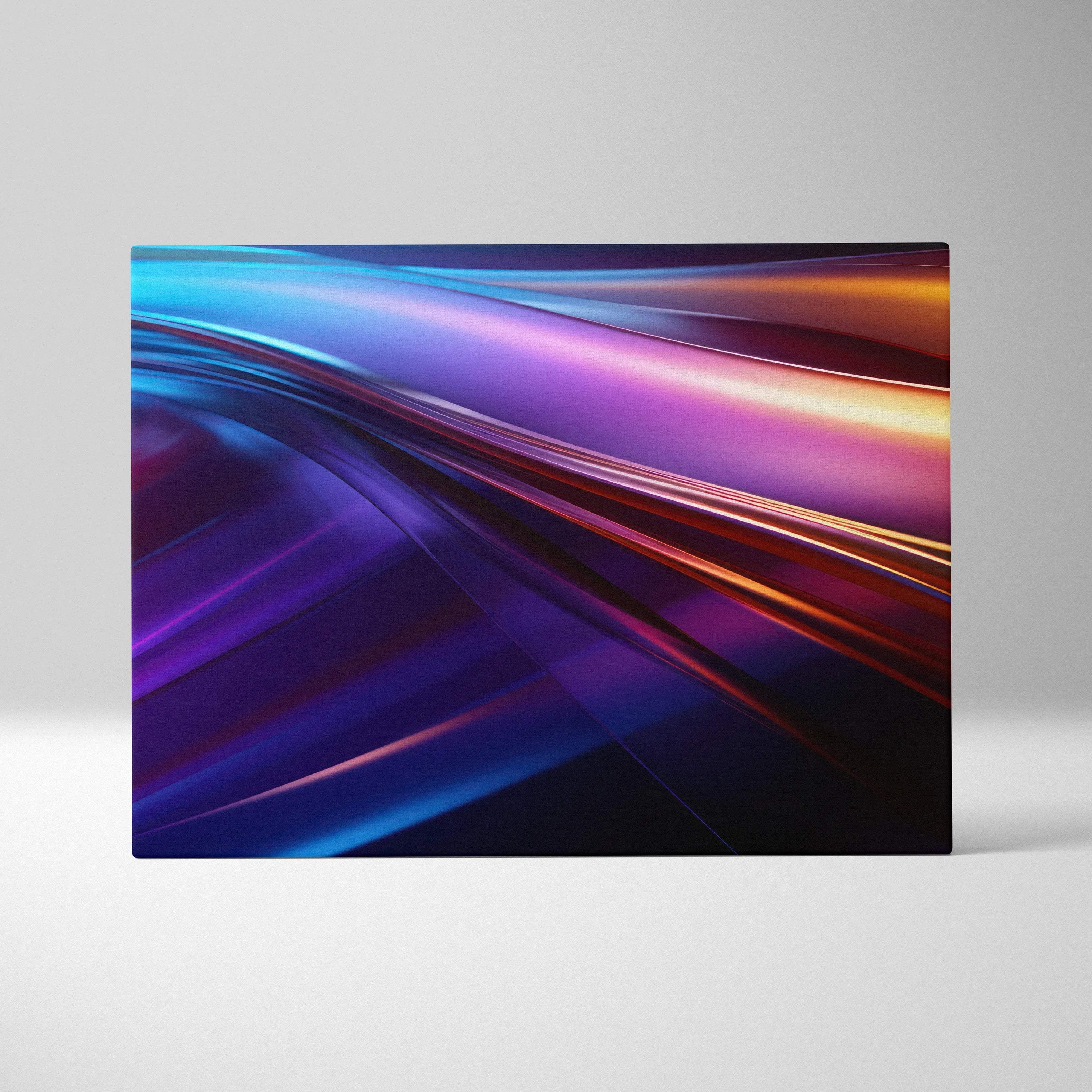 Abstract digital canvas wall art with flowing vibrant blue, purple, and orange light streaks.