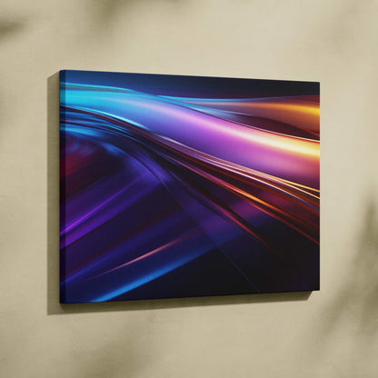 Vibrant abstract digital wall art canvas with flowing blue, purple, and orange light streaks.