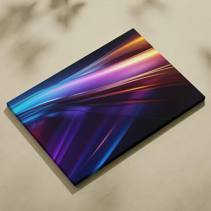 Colorful abstract digital canvas art with dynamic streaks of blue, purple, and orange light.