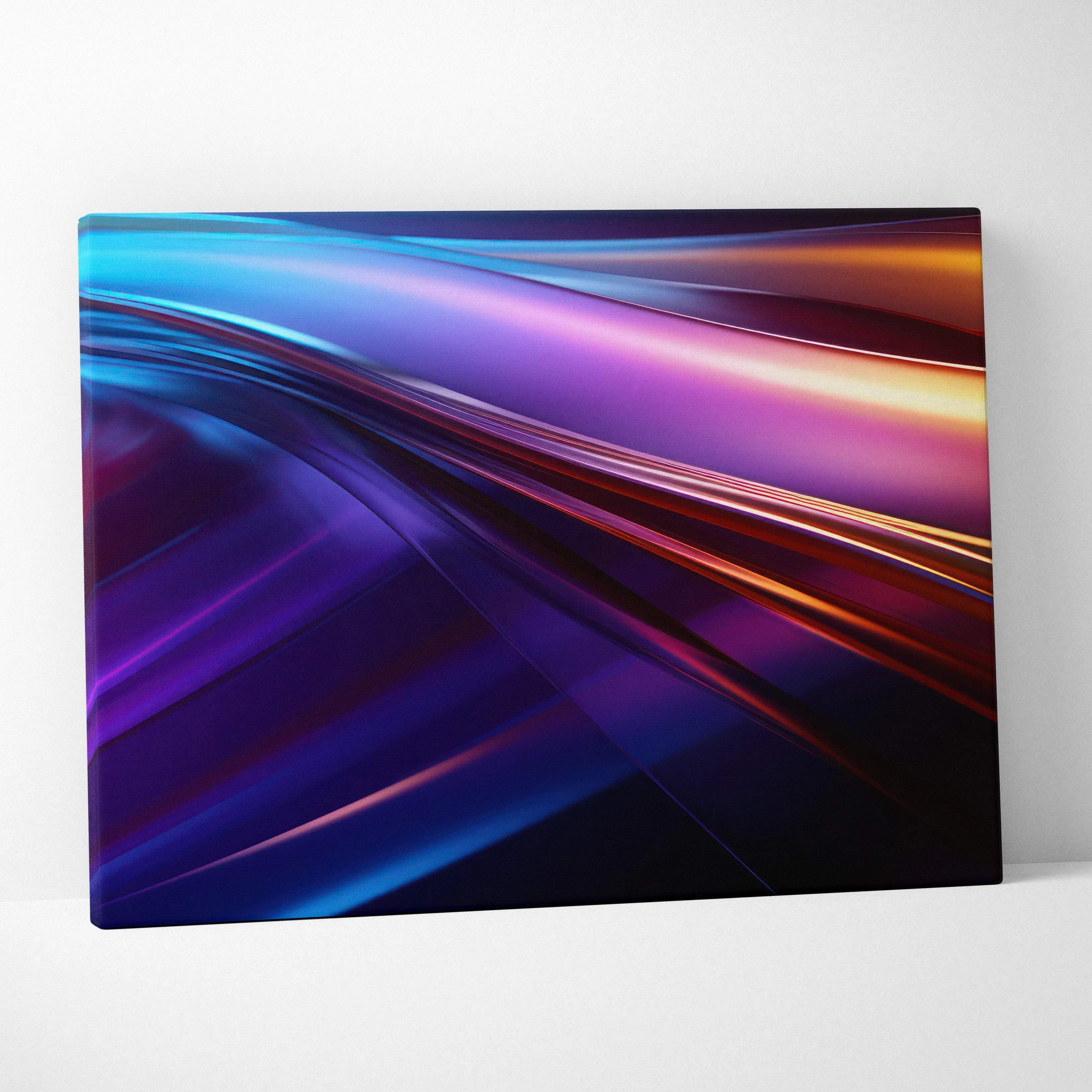 Vibrant abstract canvas wall art featuring flowing gradients of blue purple and orange for modern living room decor