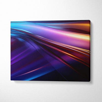 Vibrant abstract digital art canvas wall art with flowing blue, purple, and orange light streaks.