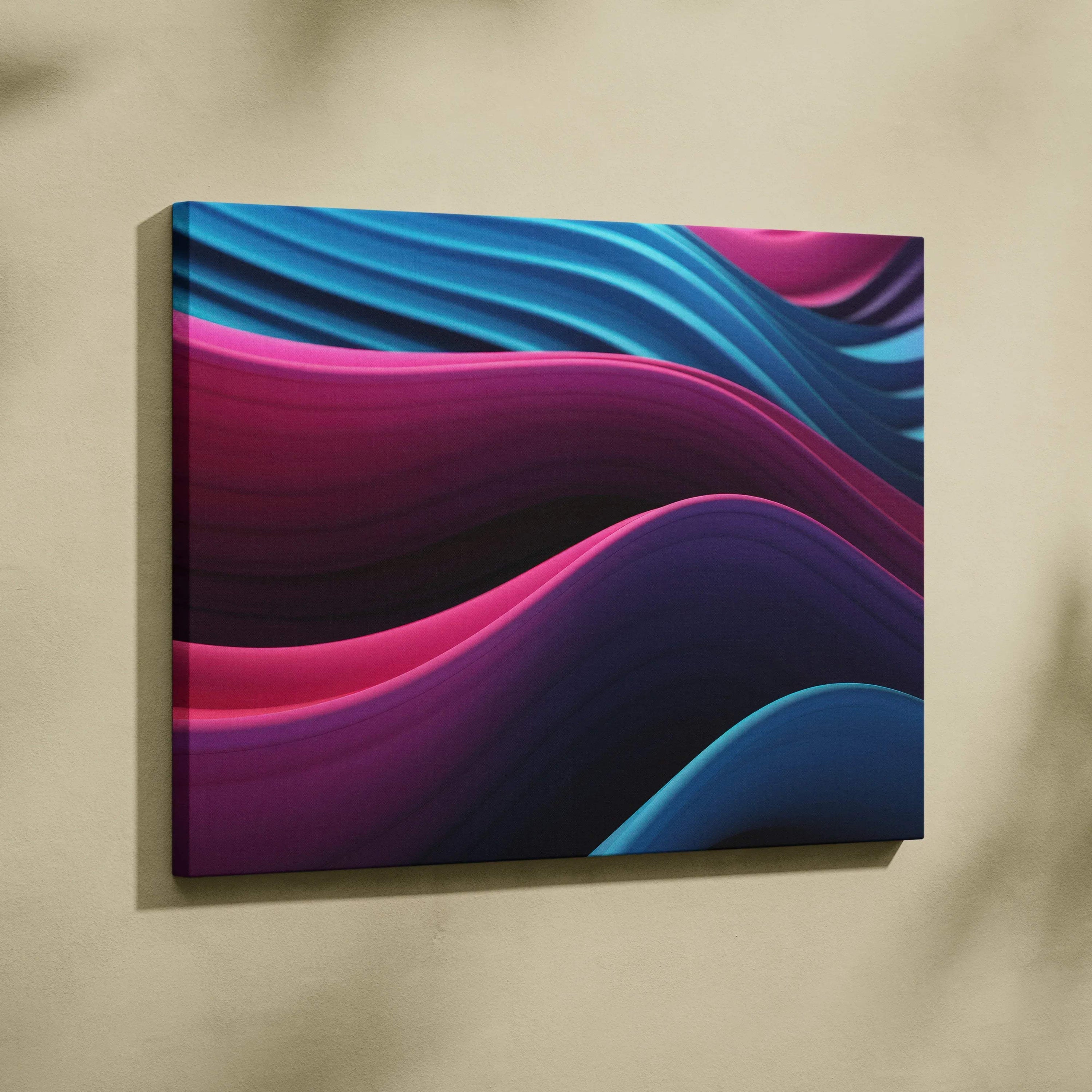 Abstract modern digital art canvas wall art with flowing blue and pink wave patterns.