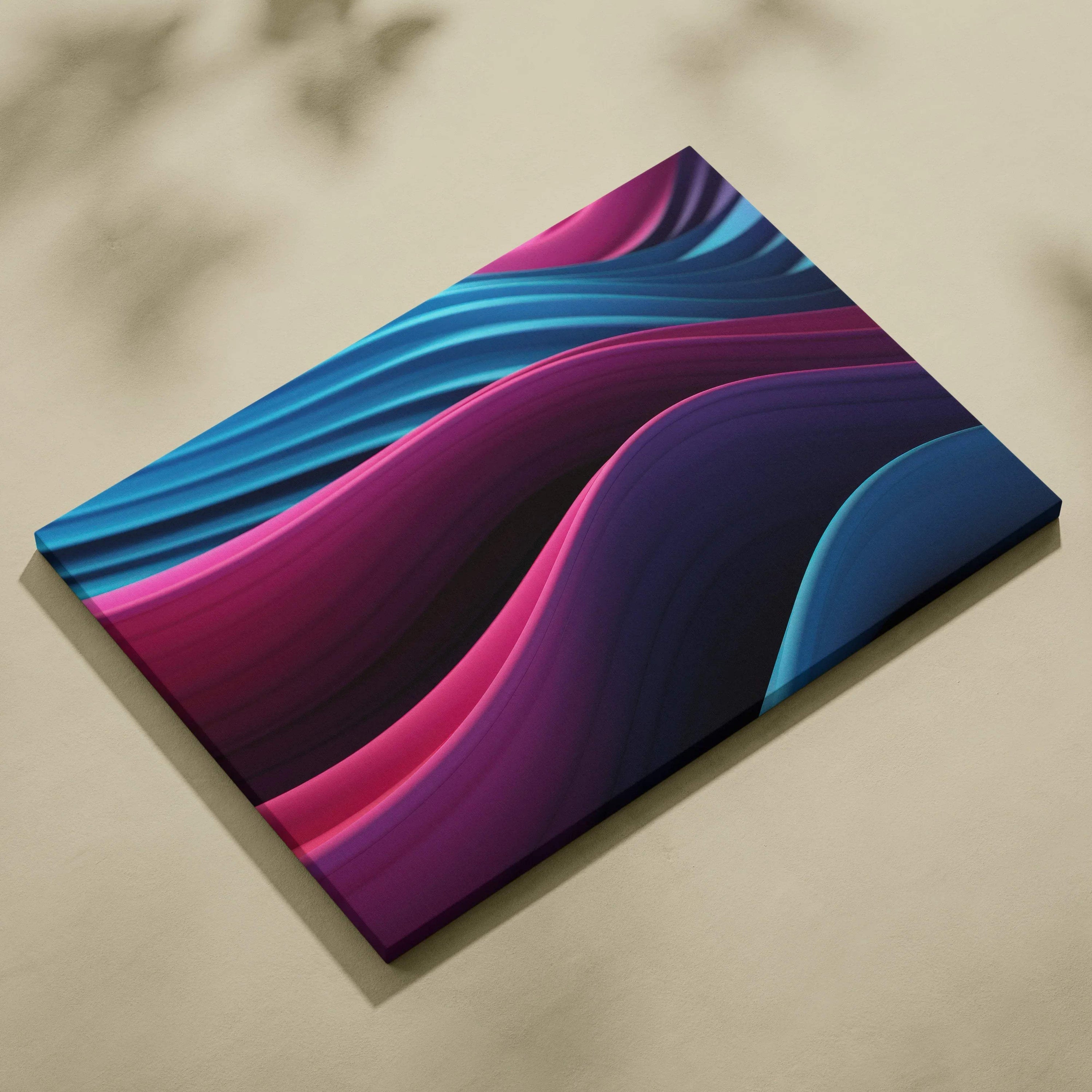 Abstract digital canvas art with flowing waves in vibrant blue, purple, and magenta tones.