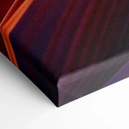 Corner detail of vibrant abstract digital canvas art in deep purple, red, and orange hues on gallery-wrapped wall art canvas.