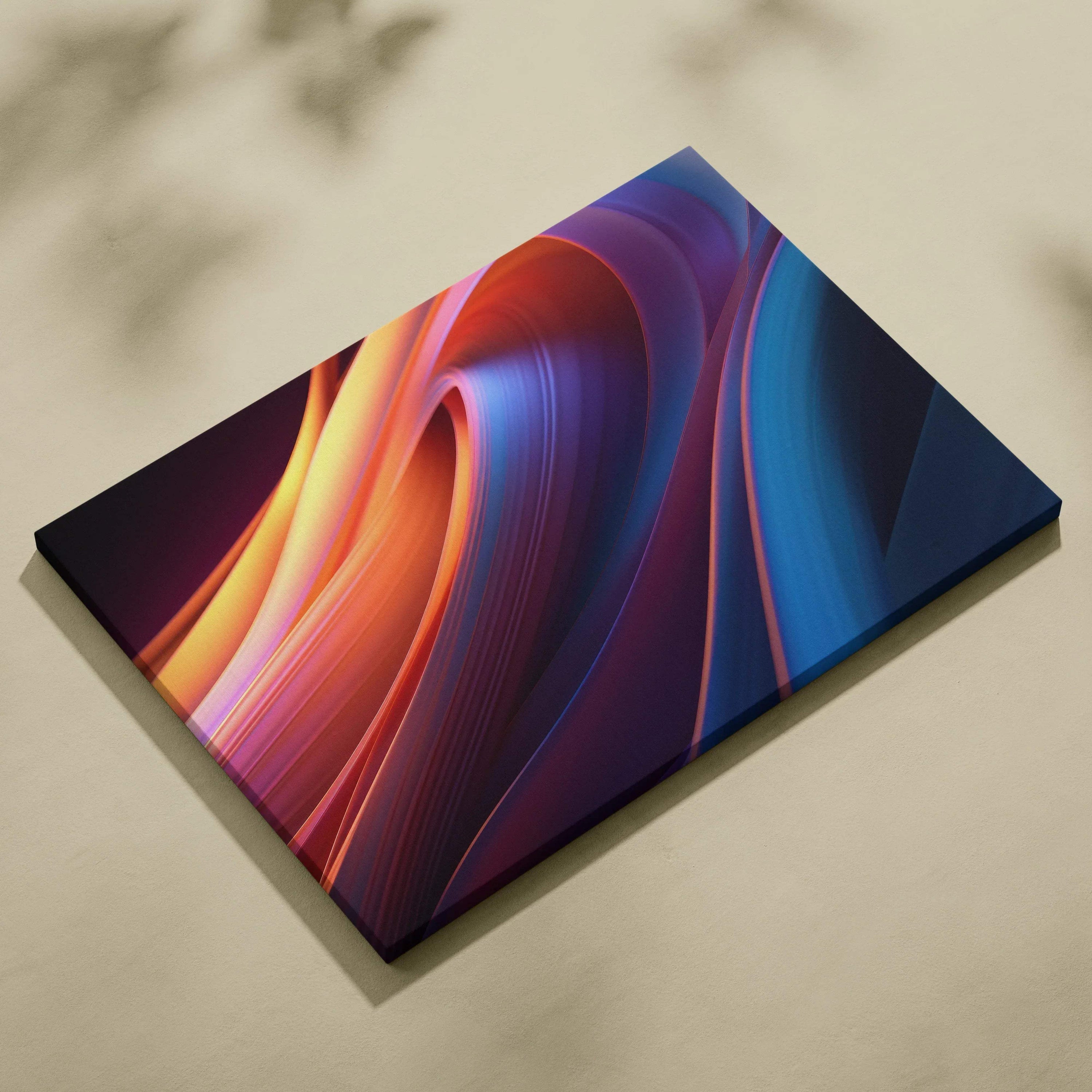 Vibrant abstract digital canvas art with flowing red, orange, purple, and blue waves on wall art canvas.