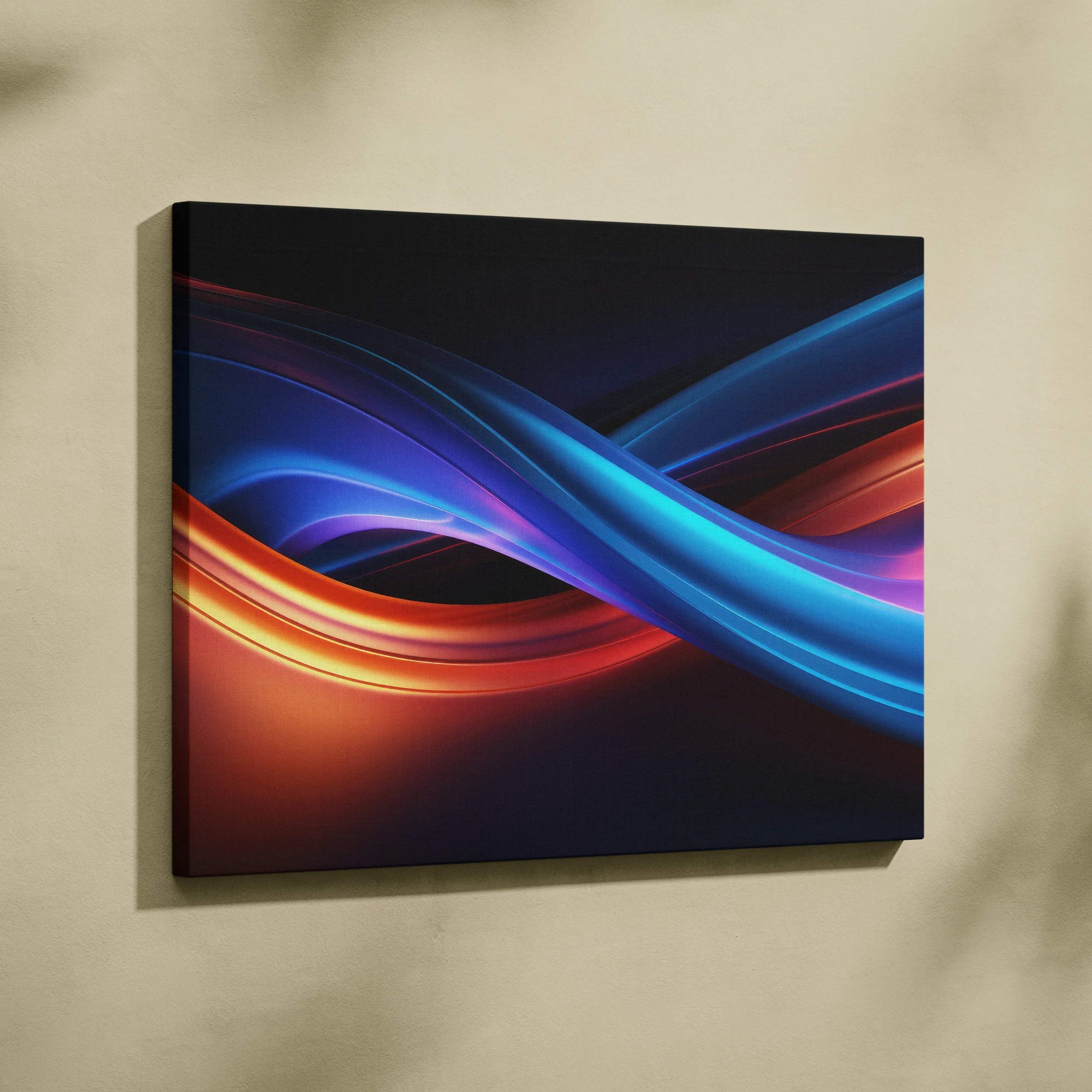 Abstract digital canvas wall art featuring vibrant blue and orange flowing light waves on black background.