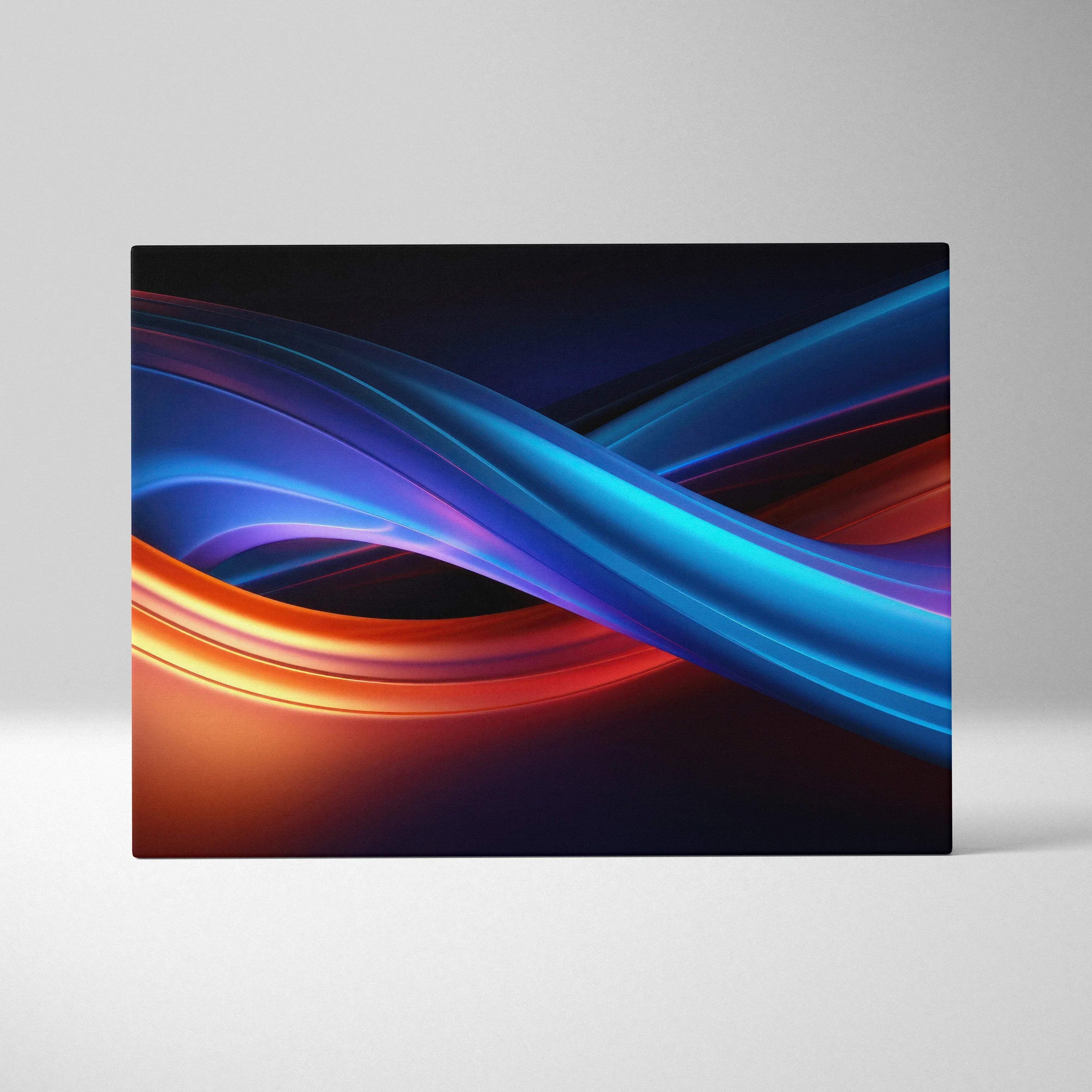 Abstract digital canvas art with flowing blue and orange light waves on a dark background.