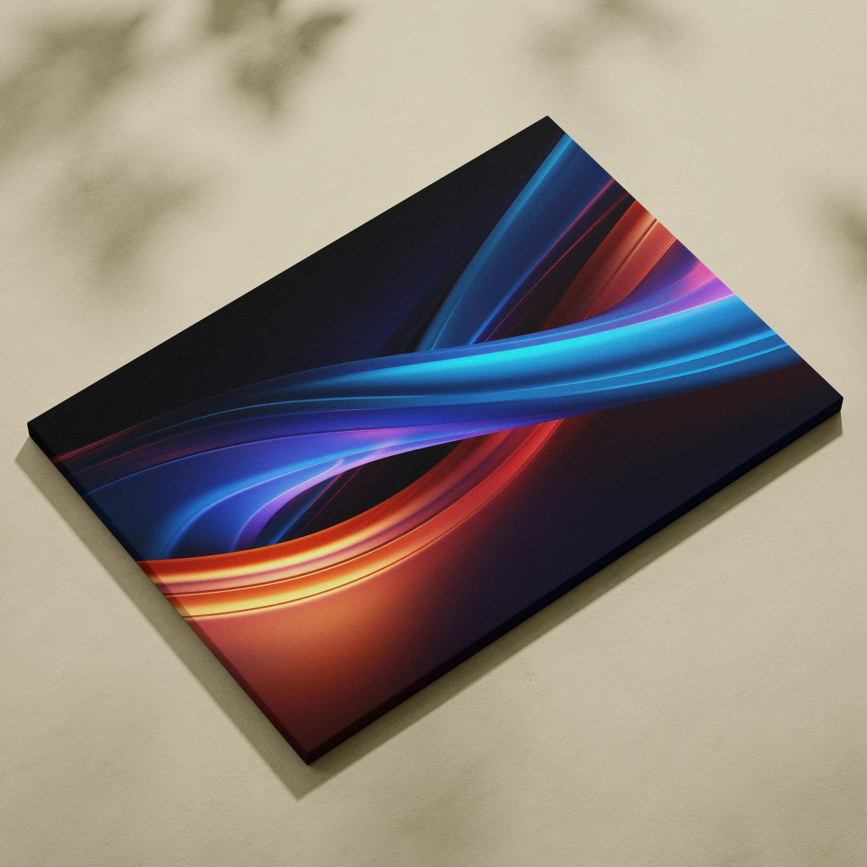 Abstract canvas wall art featuring flowing vibrant blue and orange light trails on a black background.
