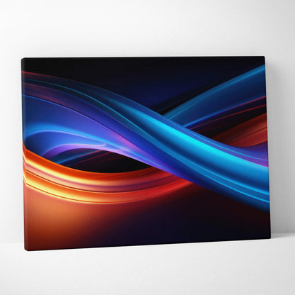 Abstract digital canvas art with vibrant flowing blue and orange wave patterns on a black background.