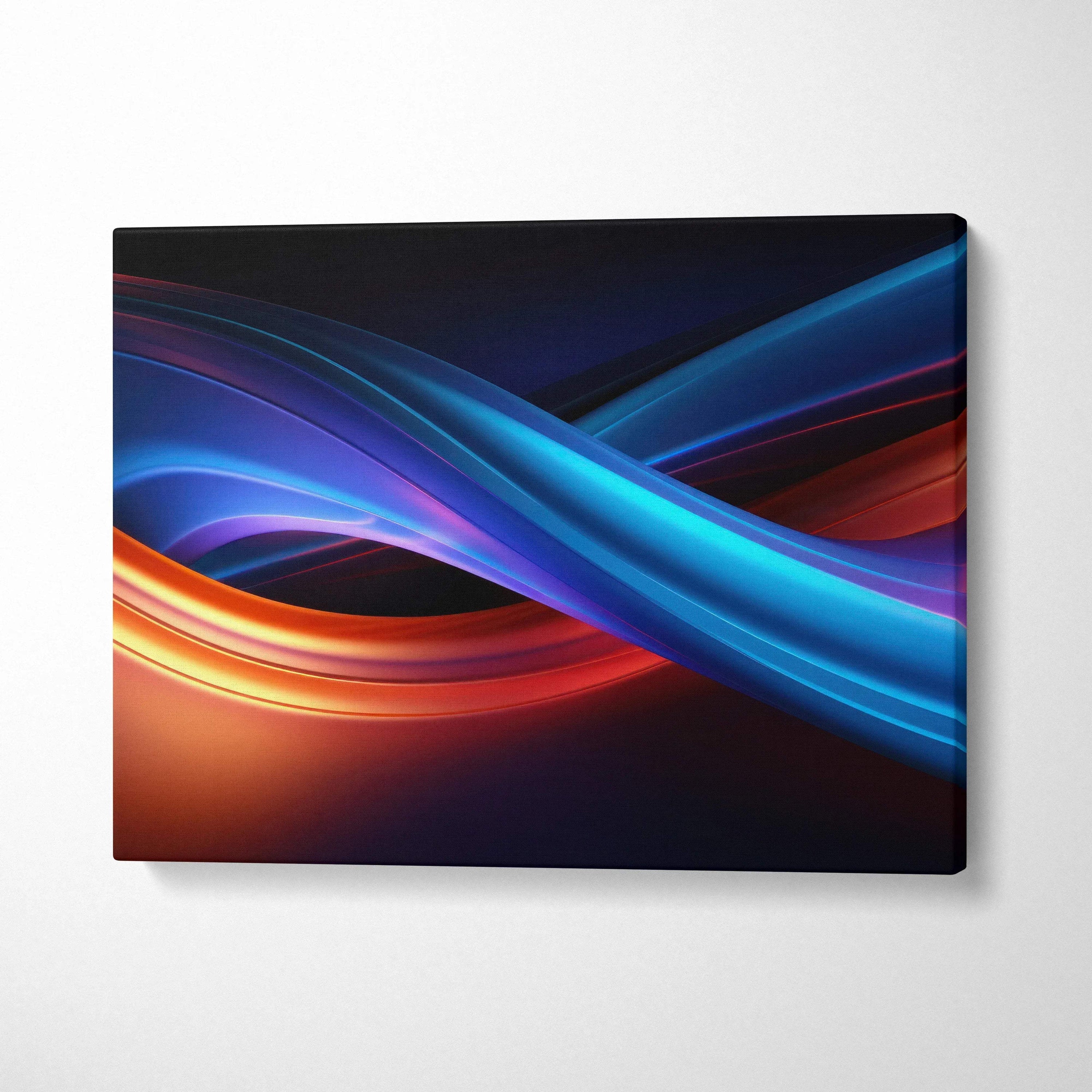 Abstract vibrant blue and orange curved lines on digital canvas wall art with dark background.